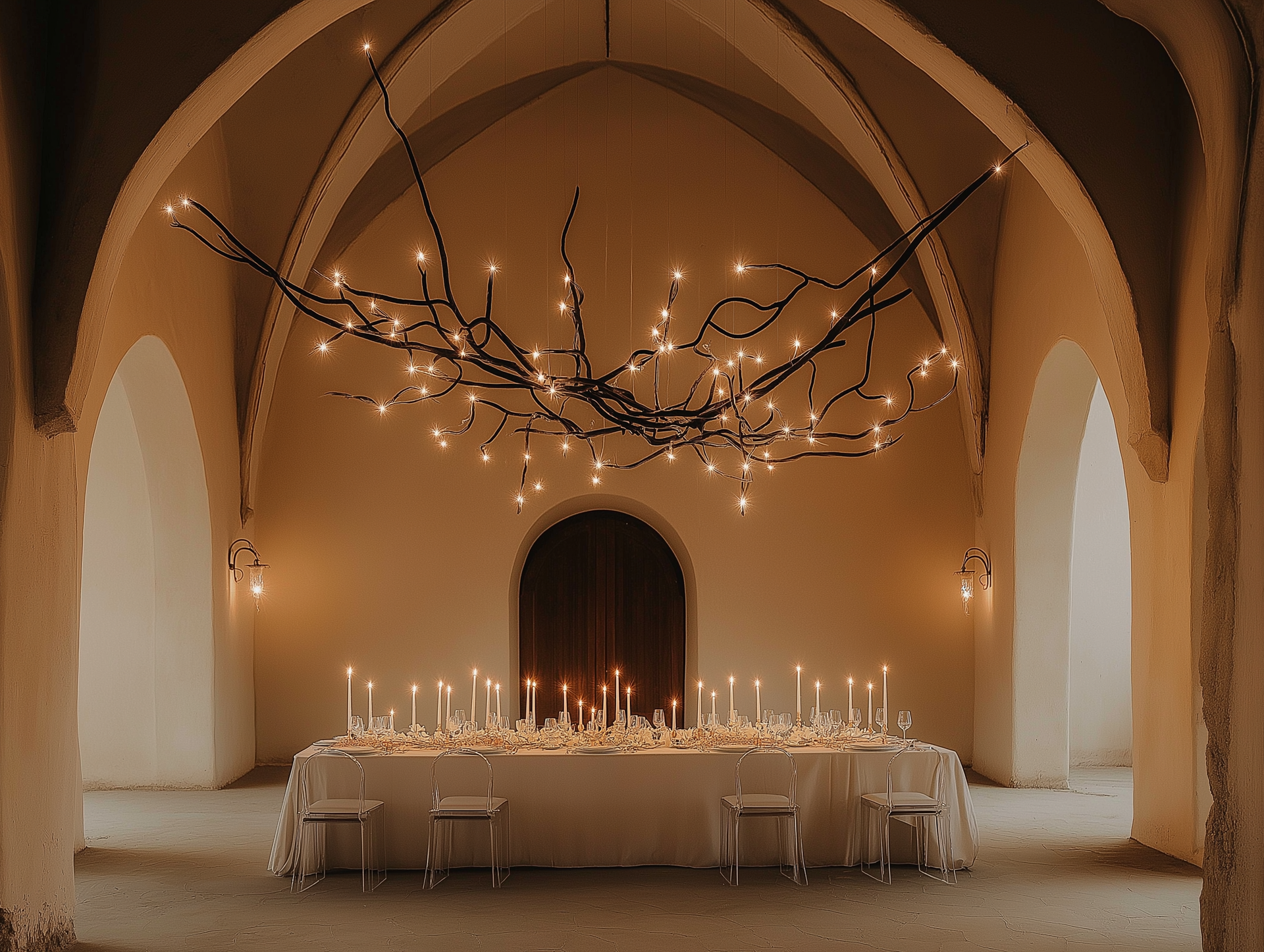 Elegant candlelit banquet table in an arched hall with hanging branches and warm string lights