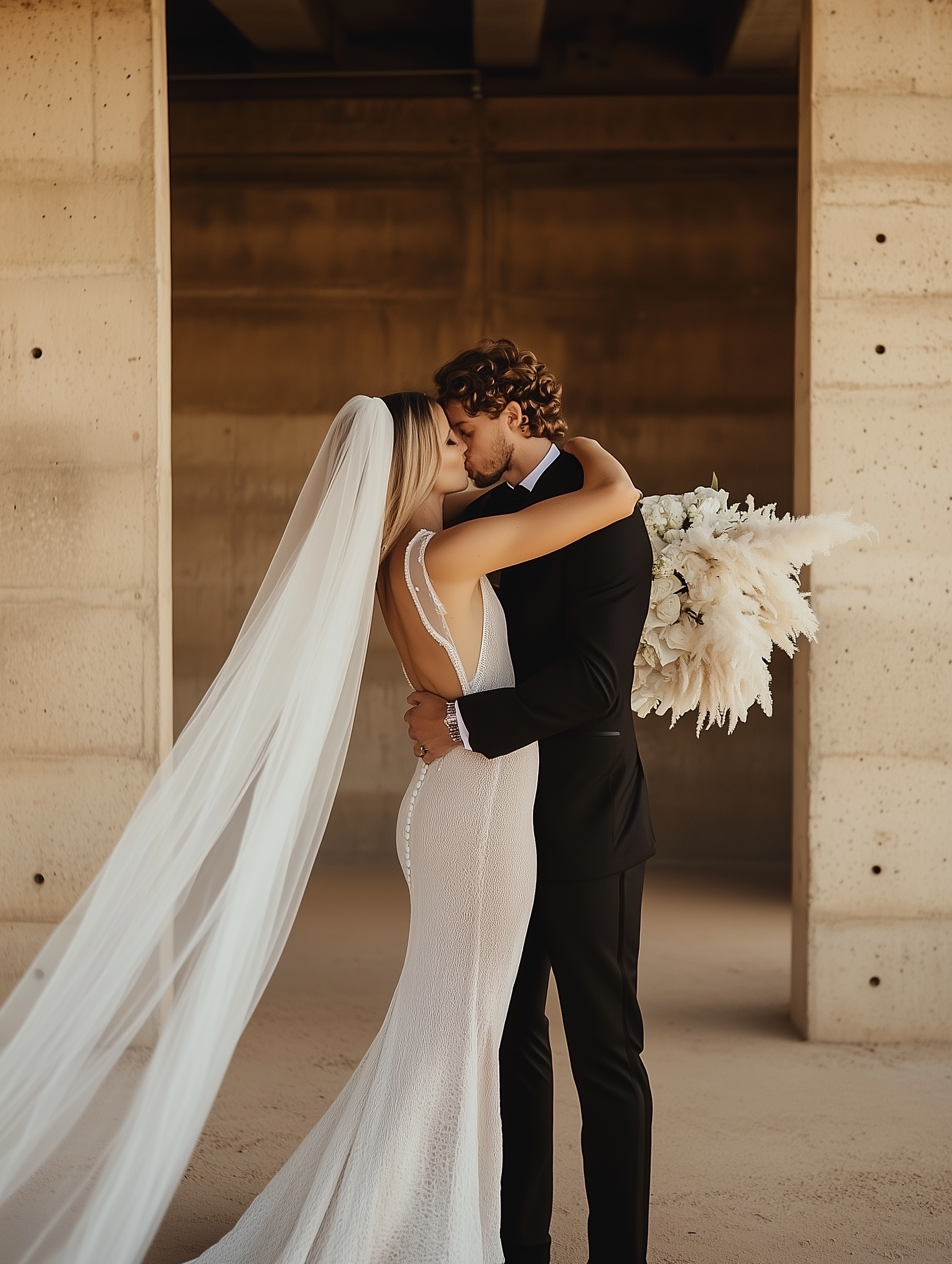 Bride and groom embracing in a sunlit stone archway, with the bride holding a long veil and white bouquet.