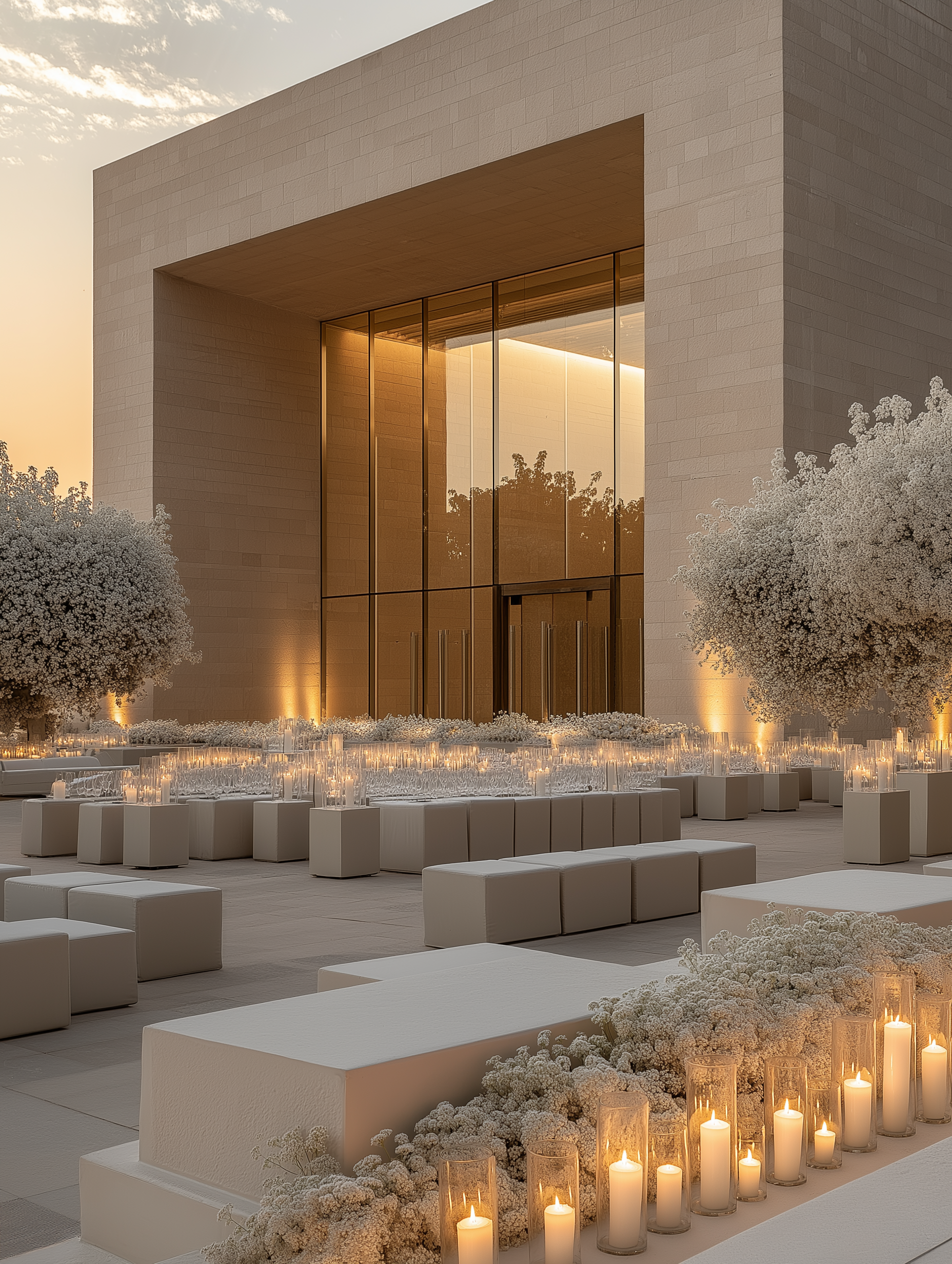 Modern courtyard with a large stone arch, glowing candles, white flowers, and sunset light