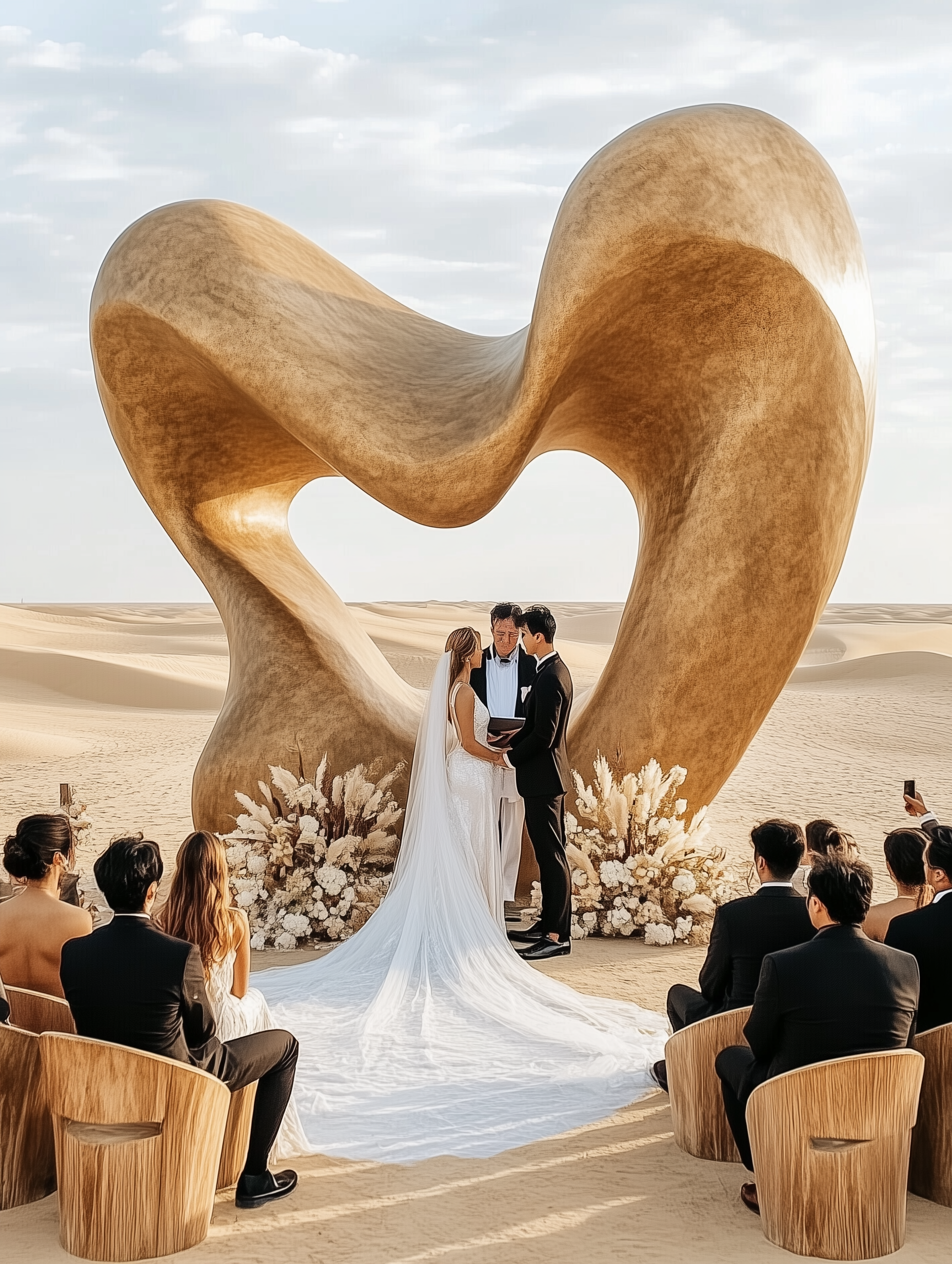 Bride and groom under a heart-shaped sculpture at a beach wedding ceremony, guests seated nearby