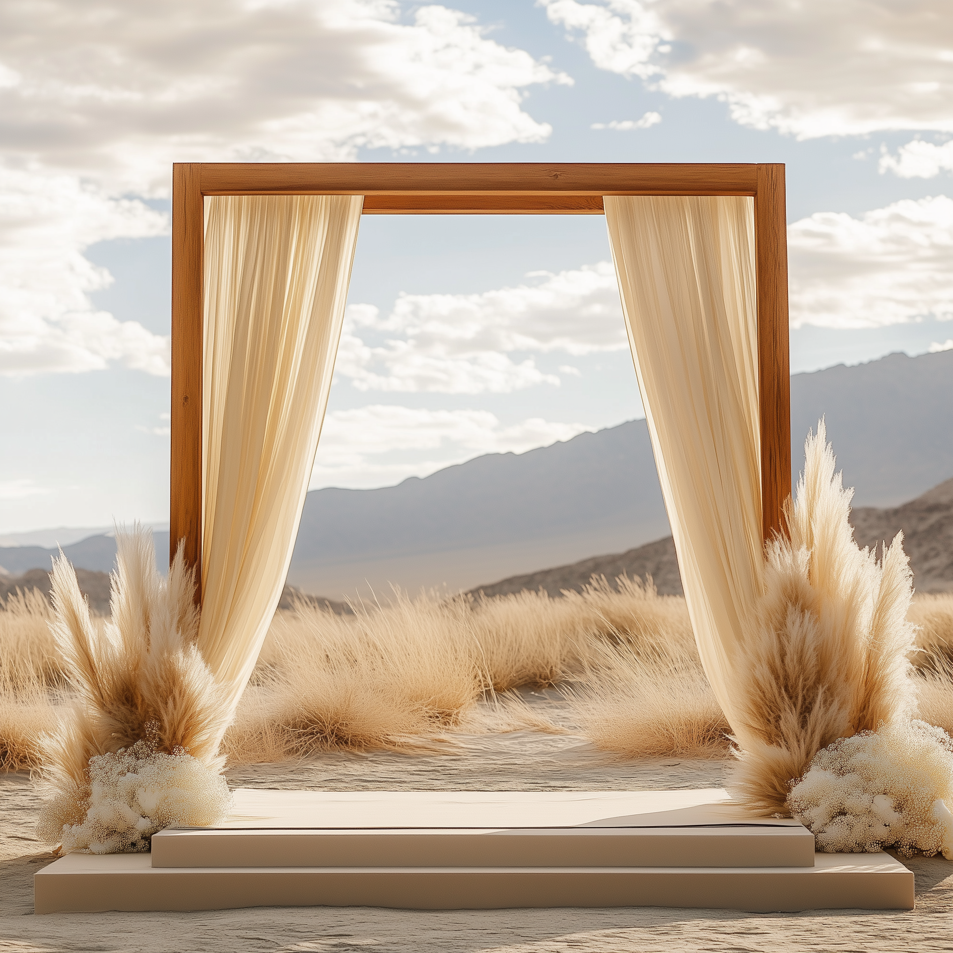 Wooden arch draped with beige curtains on desert steps, framed by tall grasses and distant mountains