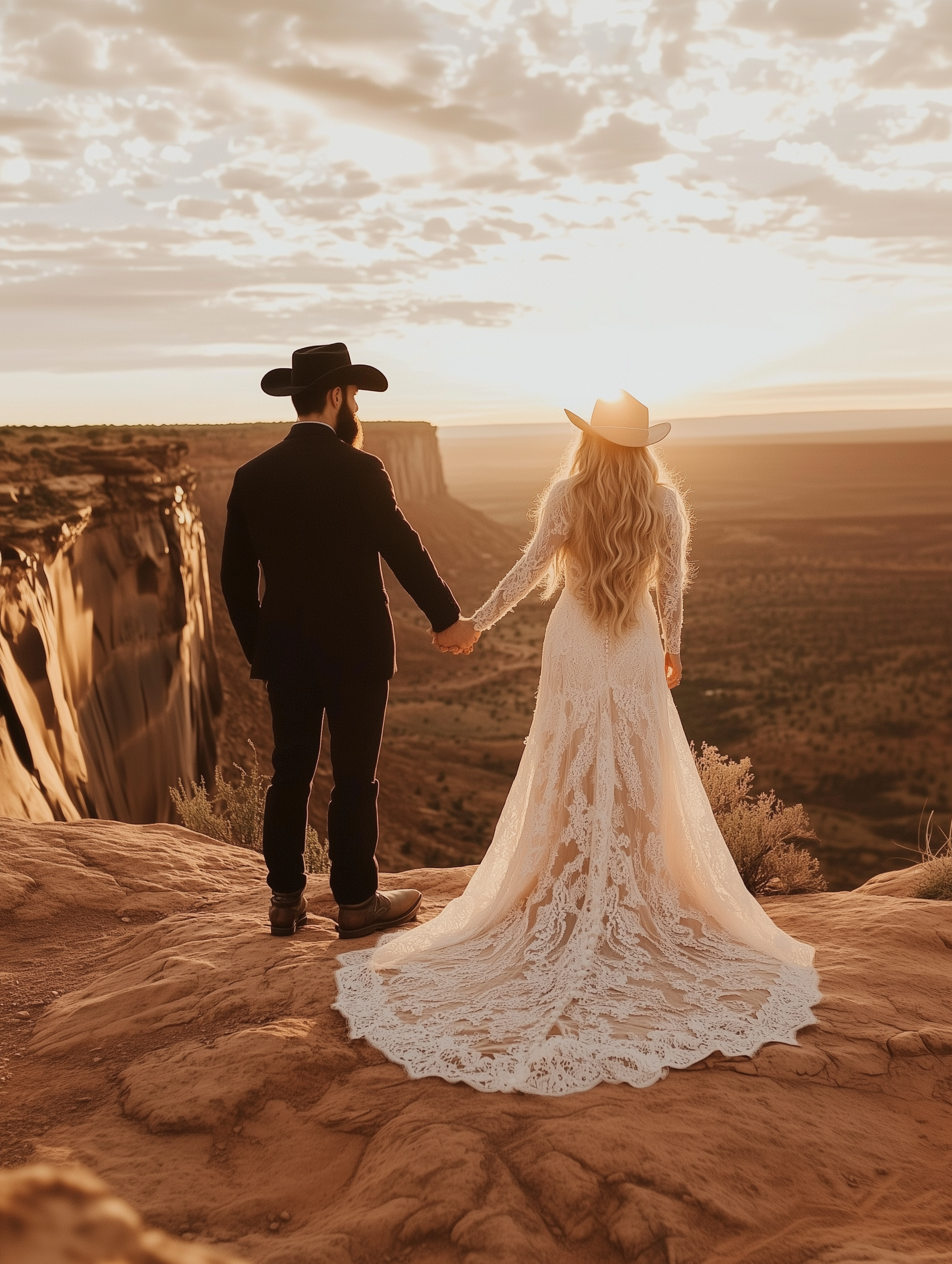 A bride and groom are standing on top of a cliff holding hands.