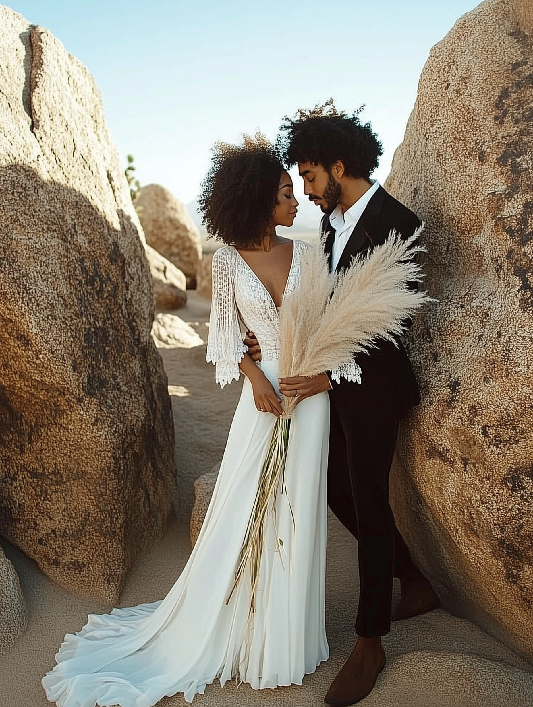 Couple in wedding attire embrace between large rocks, holding bouquet, desert setting.
