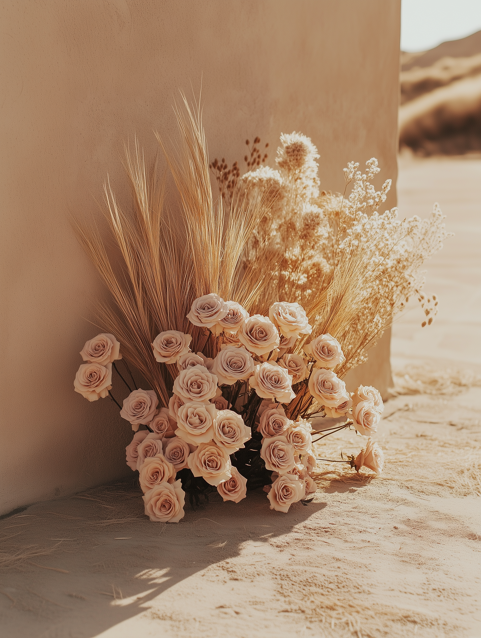Bouquet of light pink flowers and dried grasses against a beige wall, desert setting.