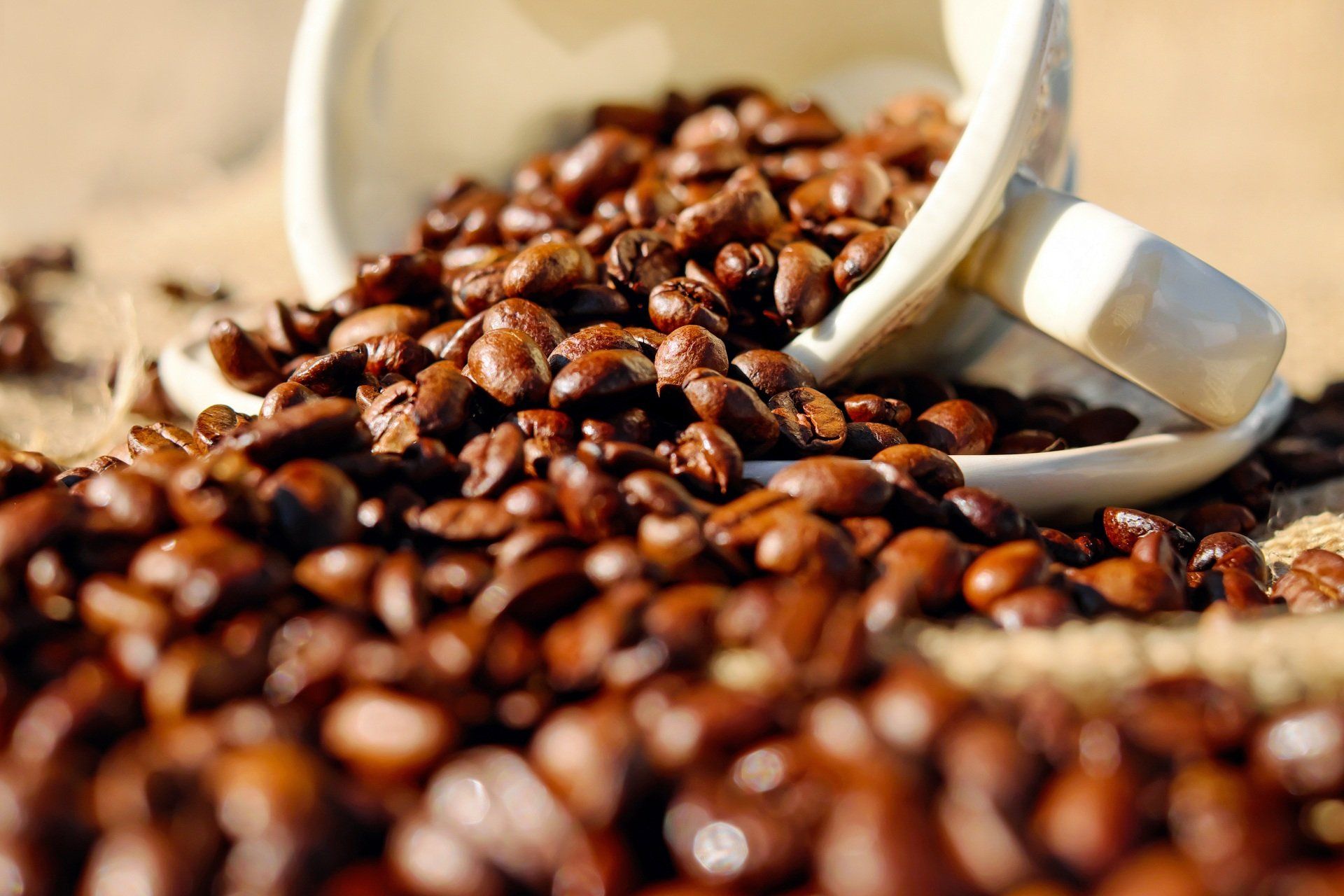 Se vierte una taza de café en una pila de granos de café.