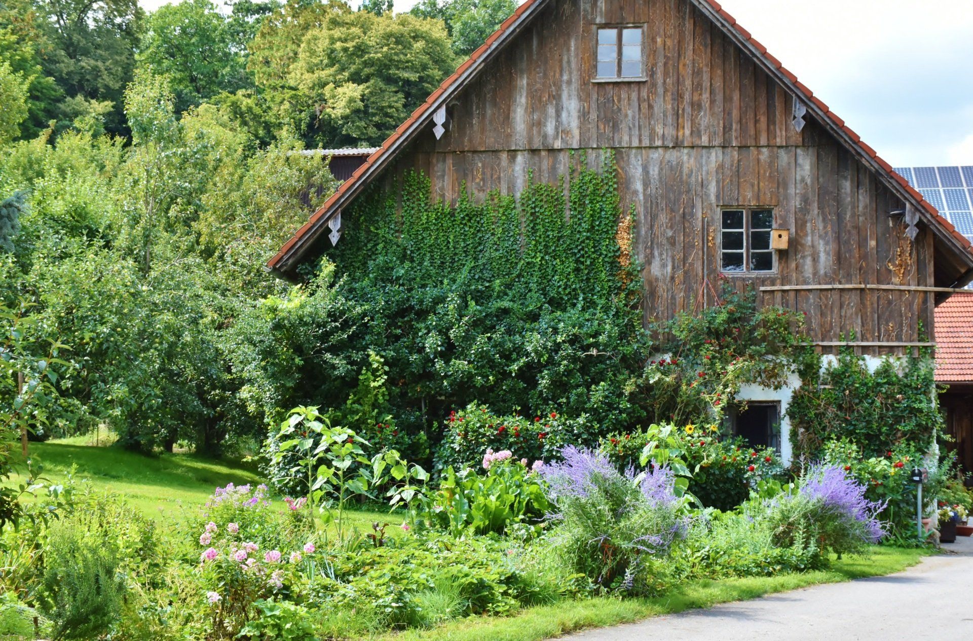 A large wooden house is surrounded by trees and flowers