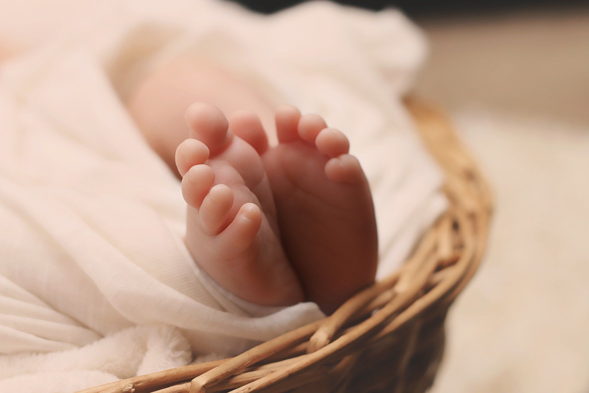 A close up of a baby 's feet in a basket