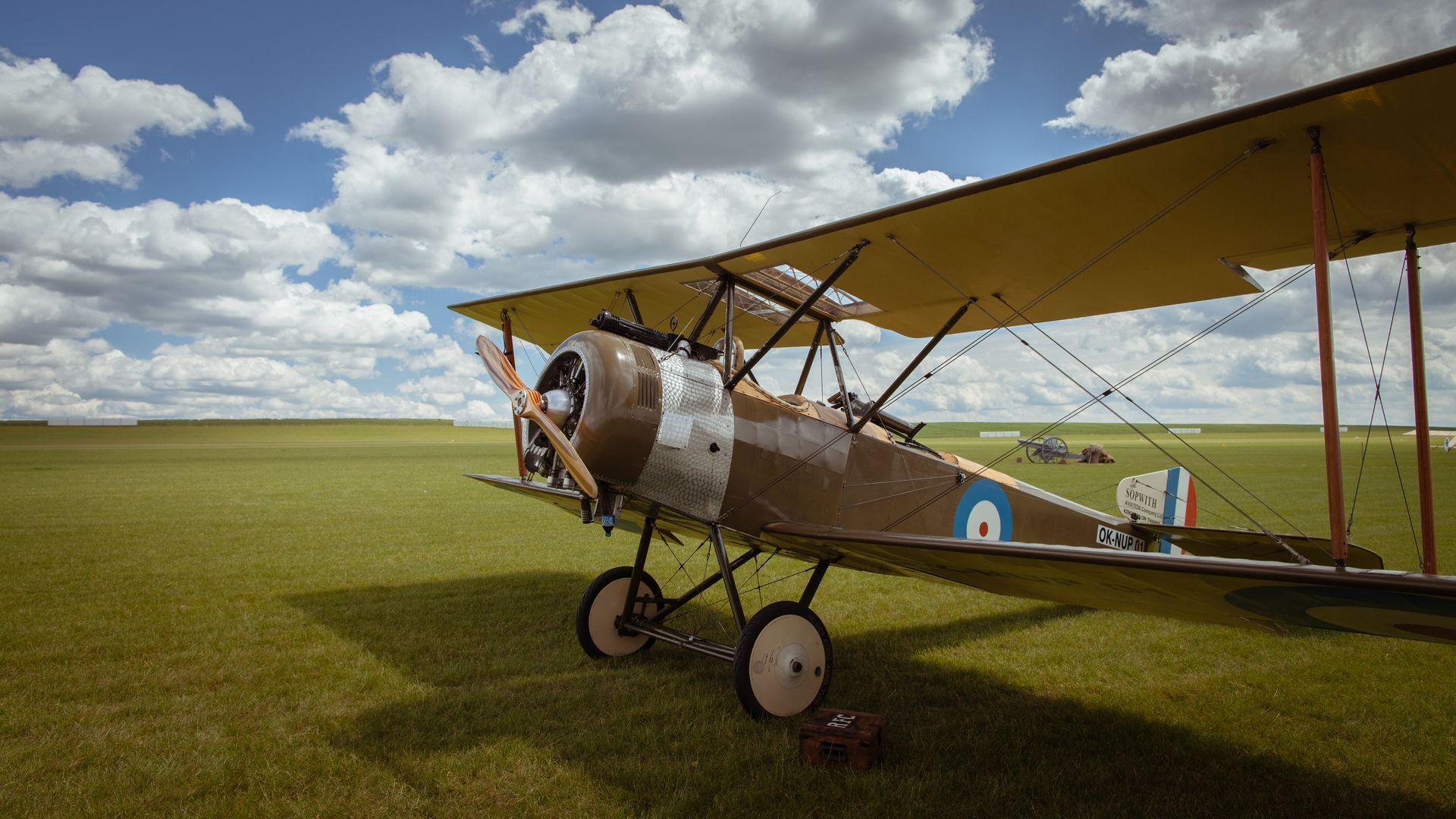 Biplane on a grassy field under a cloudy sky. The plane is tan and brown with a blue roundel.