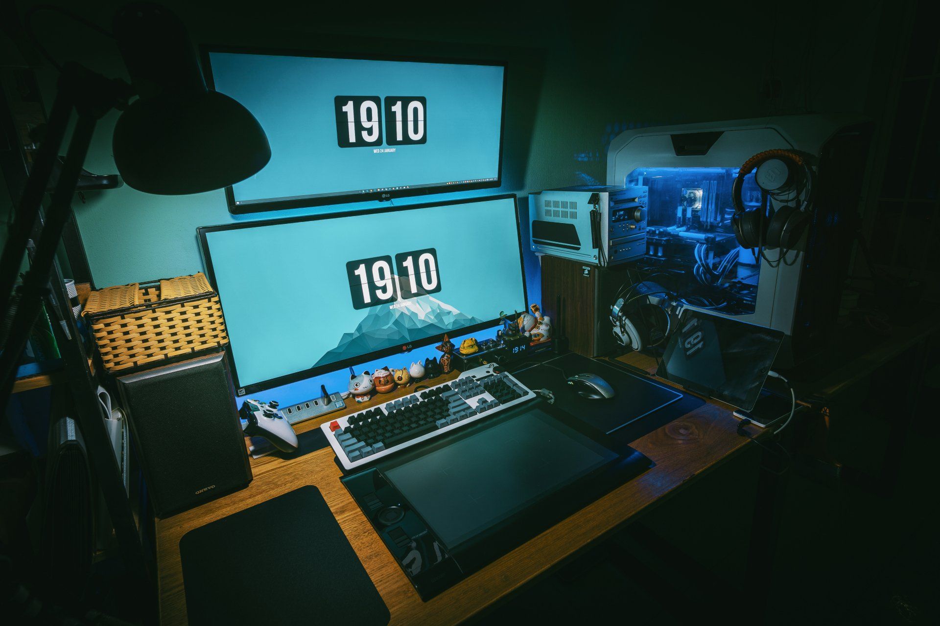 Powerful Personal Computer Gamer Rig with First-Person Shooter Game on Screen.