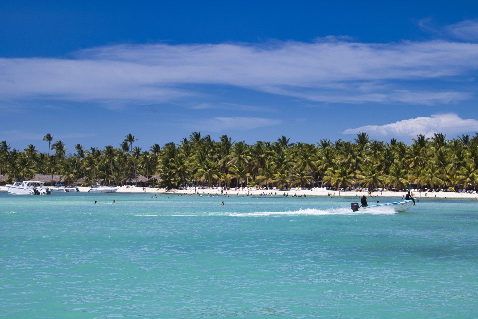 A group of people are riding jet skis in the ocean near a beach.