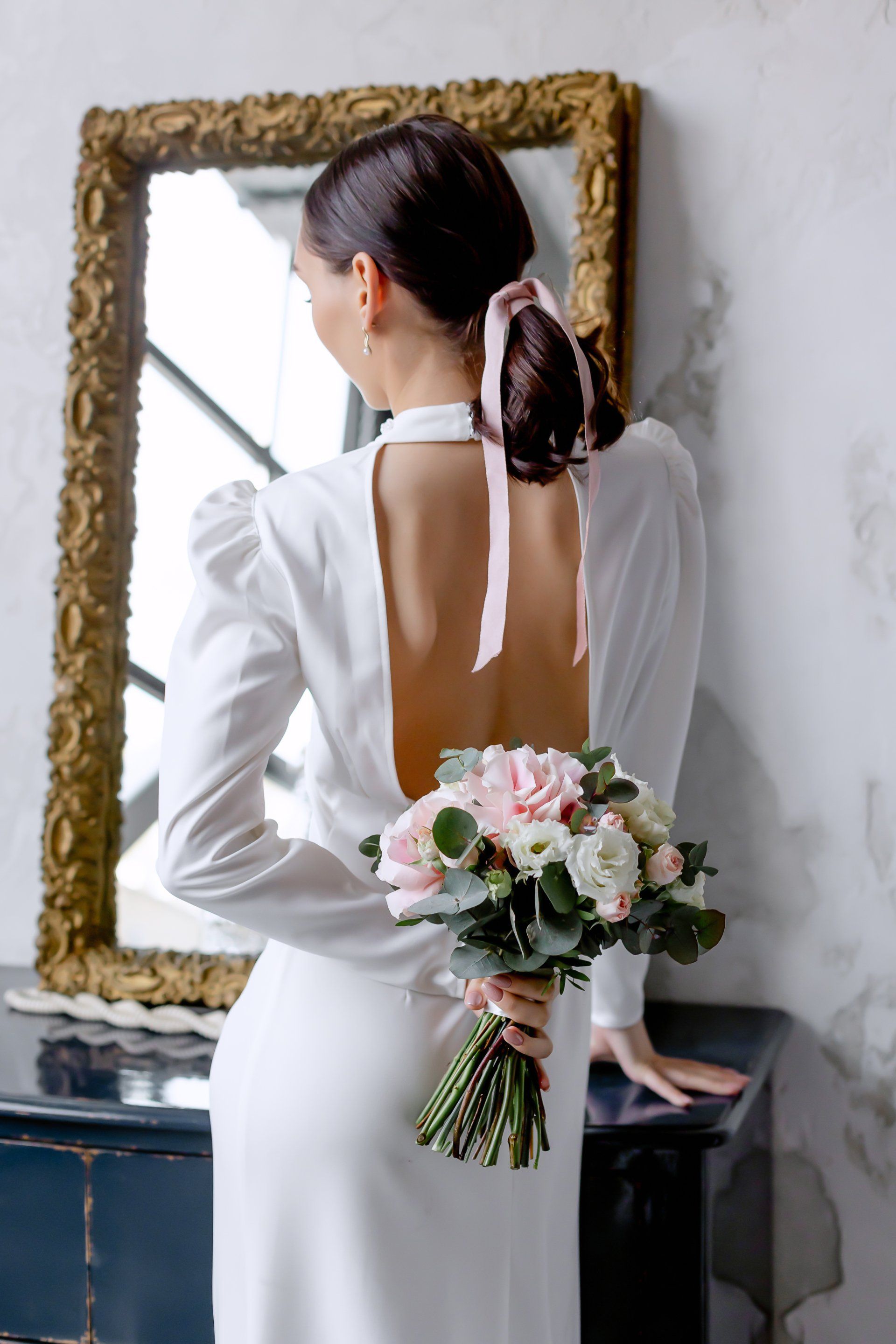 low ponytail, bridal hair