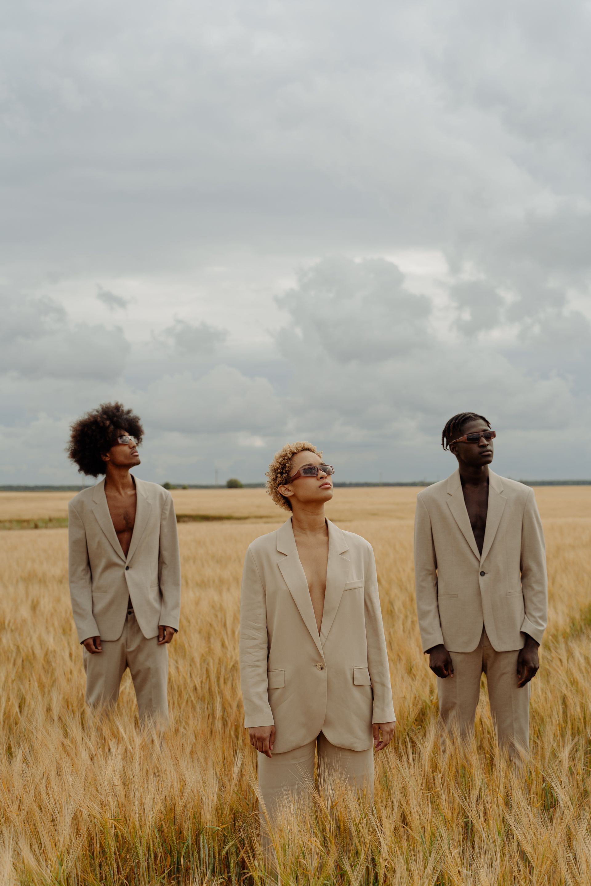 Three people in beige suits and sunglasses stand in a wheat field, looking upwards. Overcast sky.