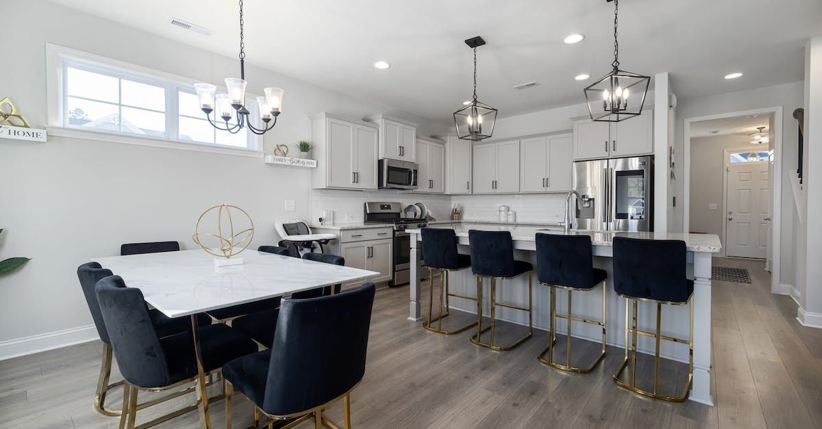 Large kitchen and dining room with an open floor plan.