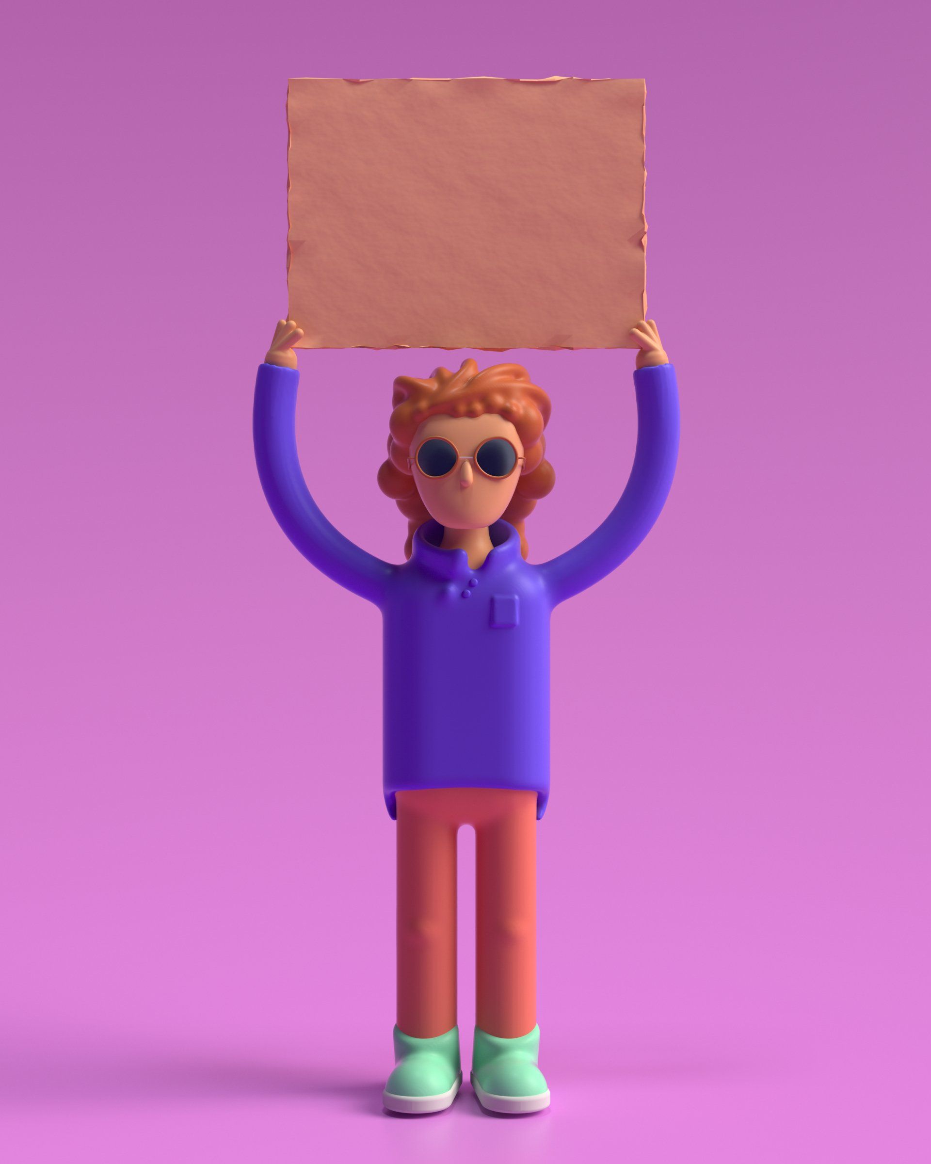 A cartoon character is holding a cardboard sign over his head.