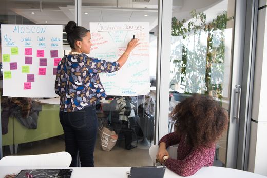 Woman writing on flip chart paper - paper has sticky notes on it to the left of her.