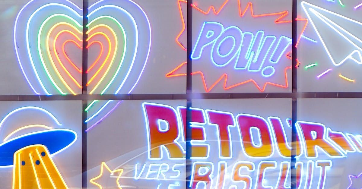Neon signs including a rainbow heart,