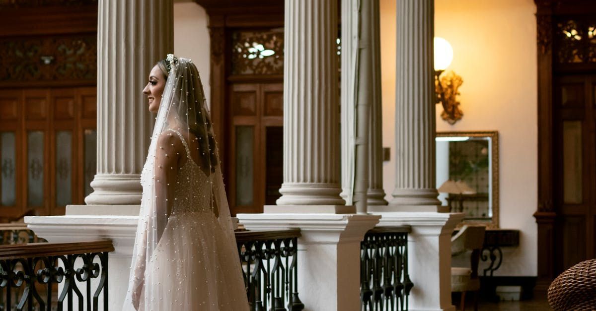 A woman in a wedding dress and veil is standing in a room with columns.