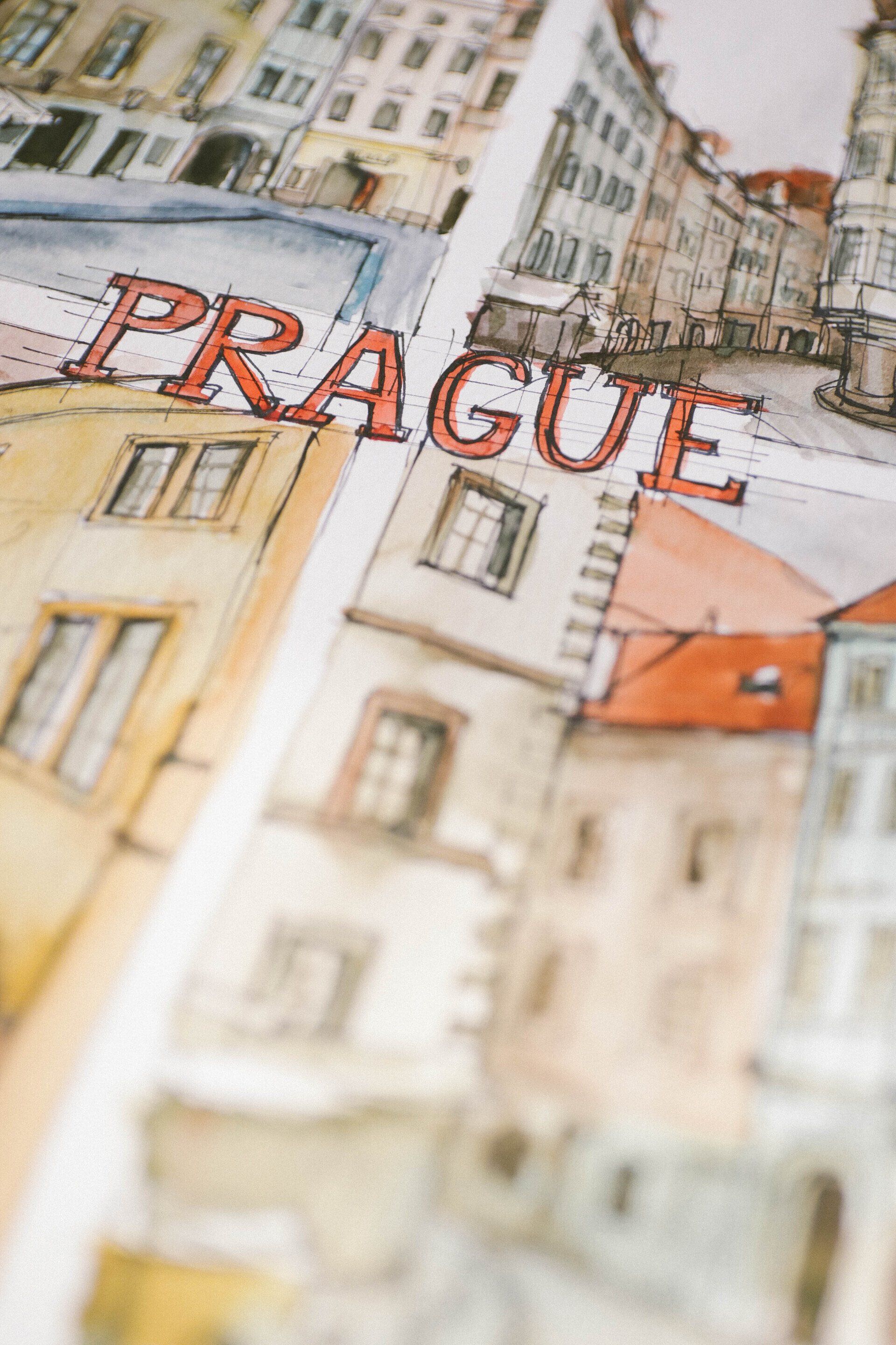 Zblízka kresby města se slovem praha na něm.
