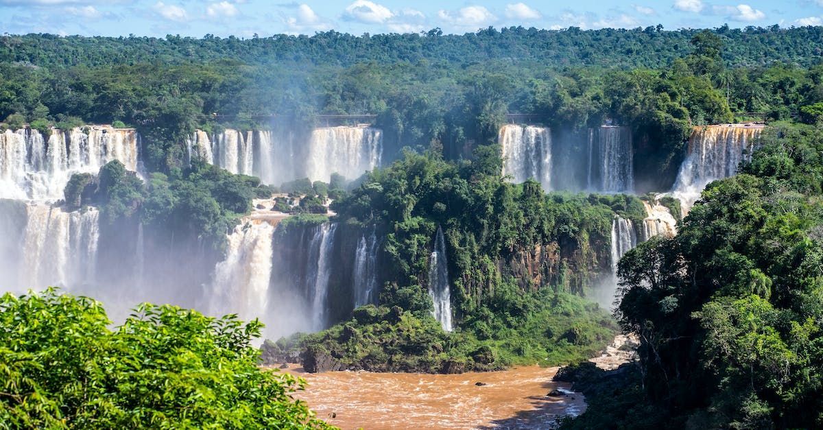 Iguazu falls in the middle of a lush green forest surrounded by trees.