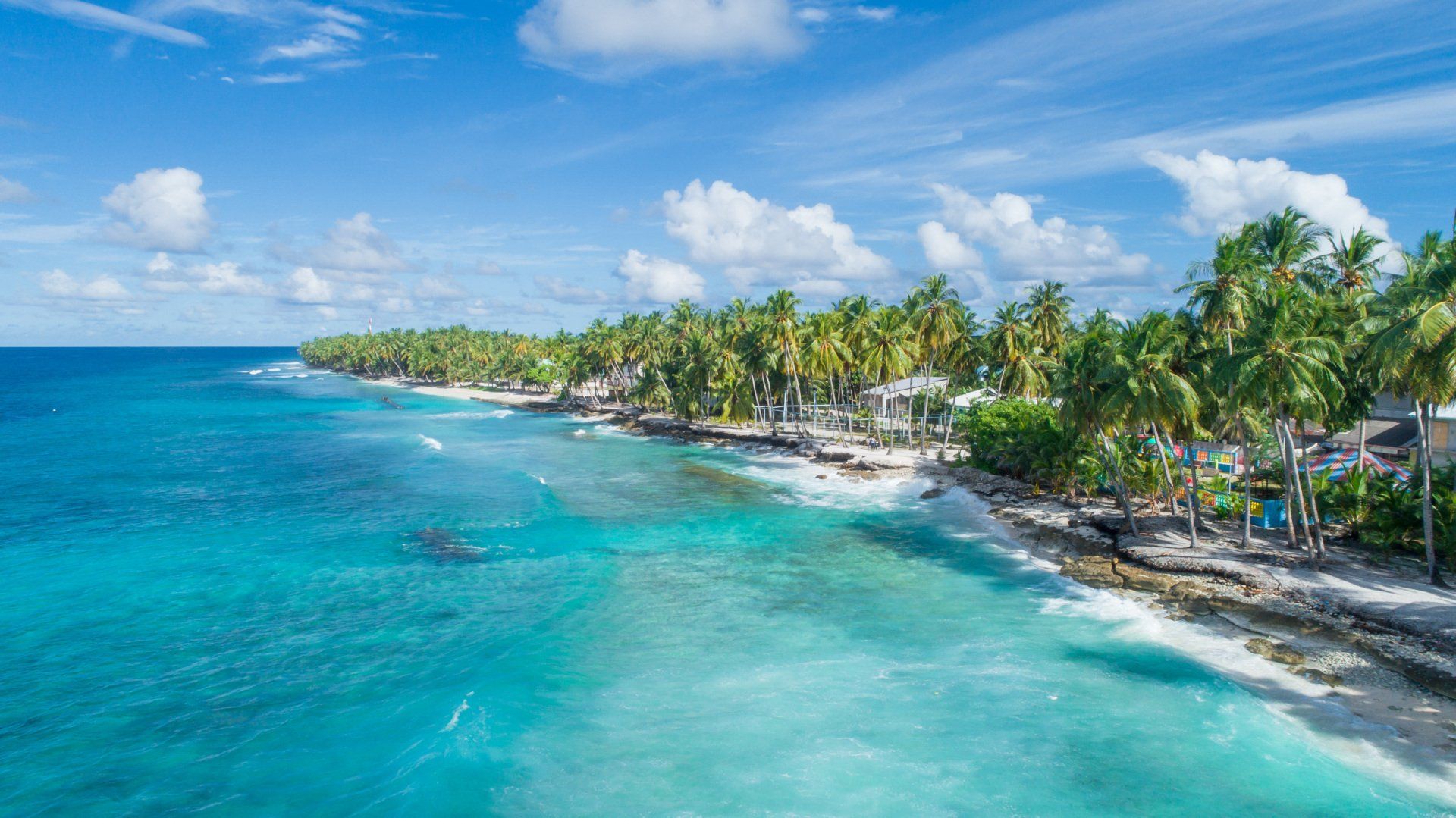 Praia tropical com água turquesa, areia branca e palmeiras sob um céu azul brilhante.