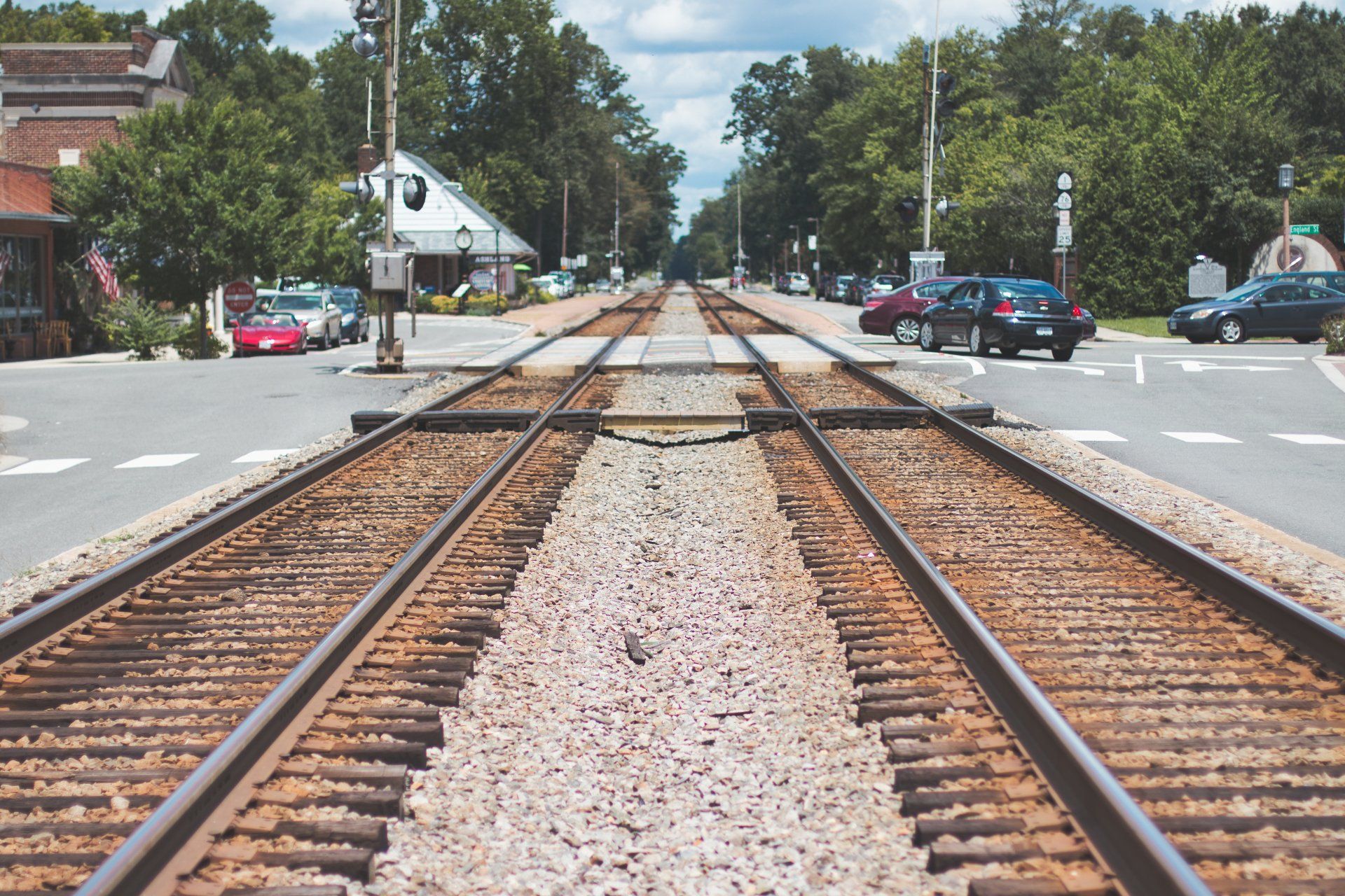 A train track that is going through a small town