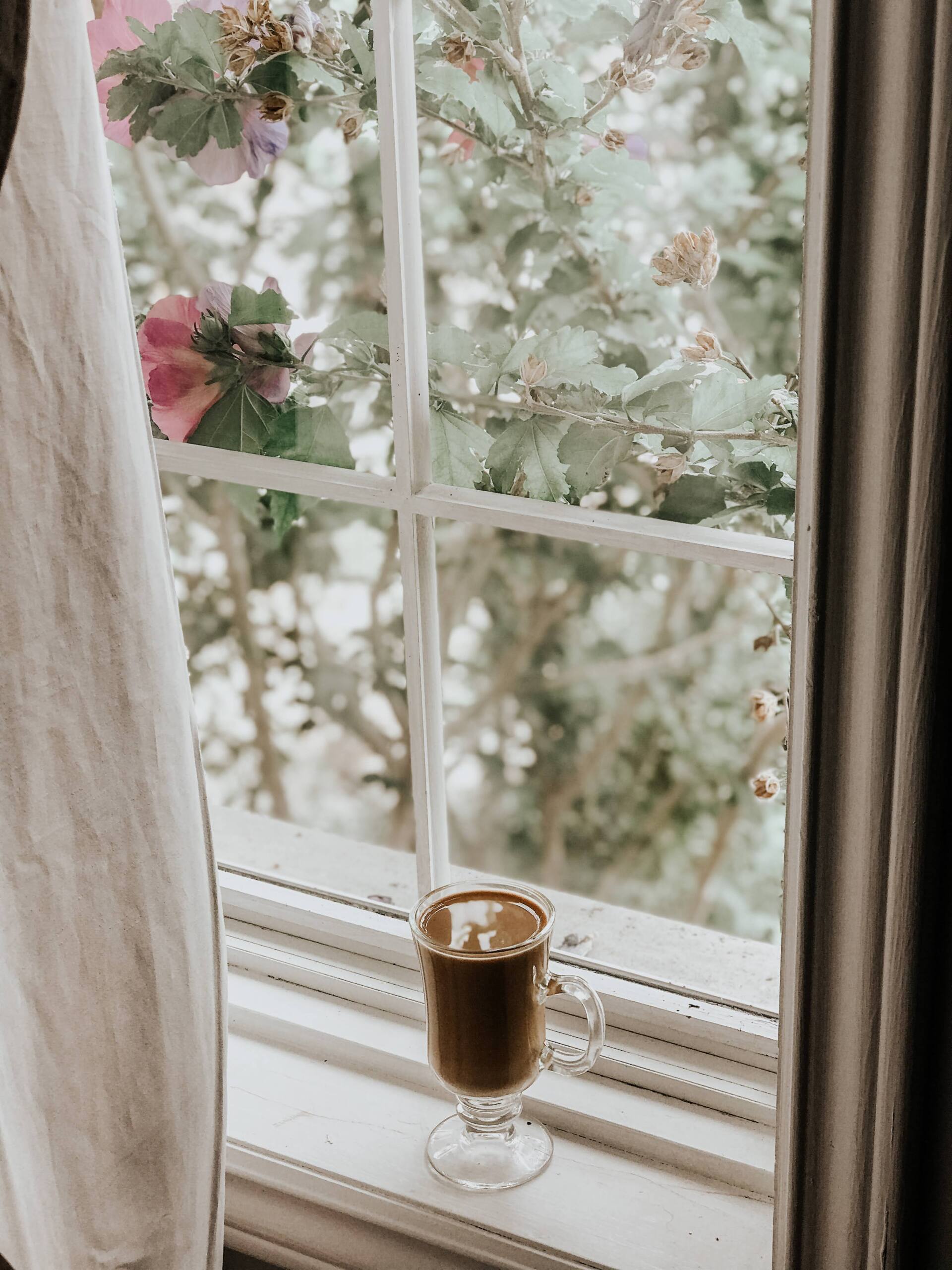 Iced coffee on a windowsill beside sheer curtains, with blooming flowers outside.
