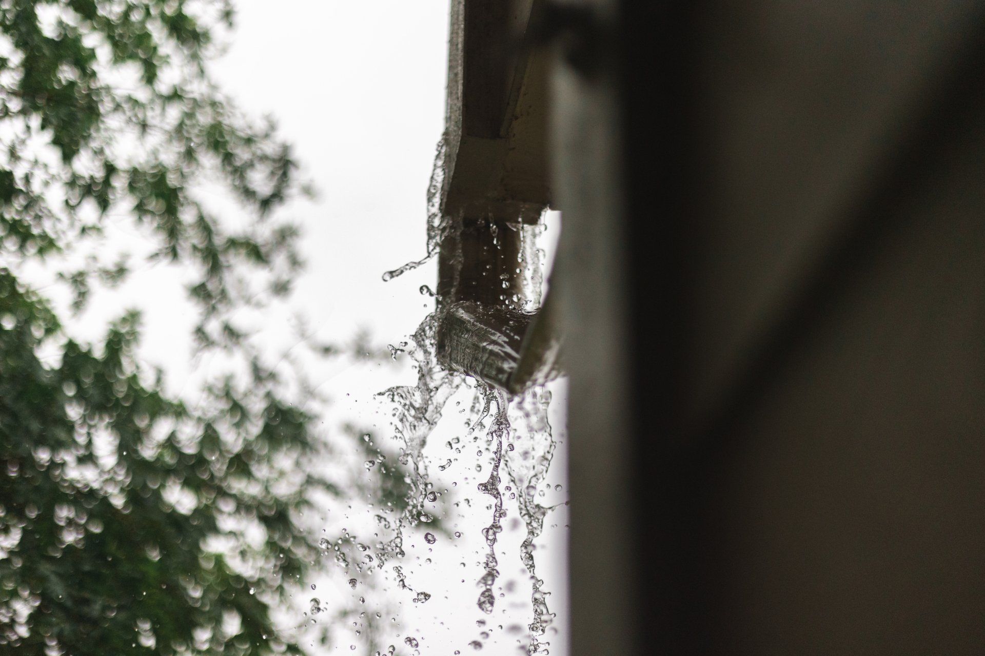 Water is coming out of a gutter on a building.