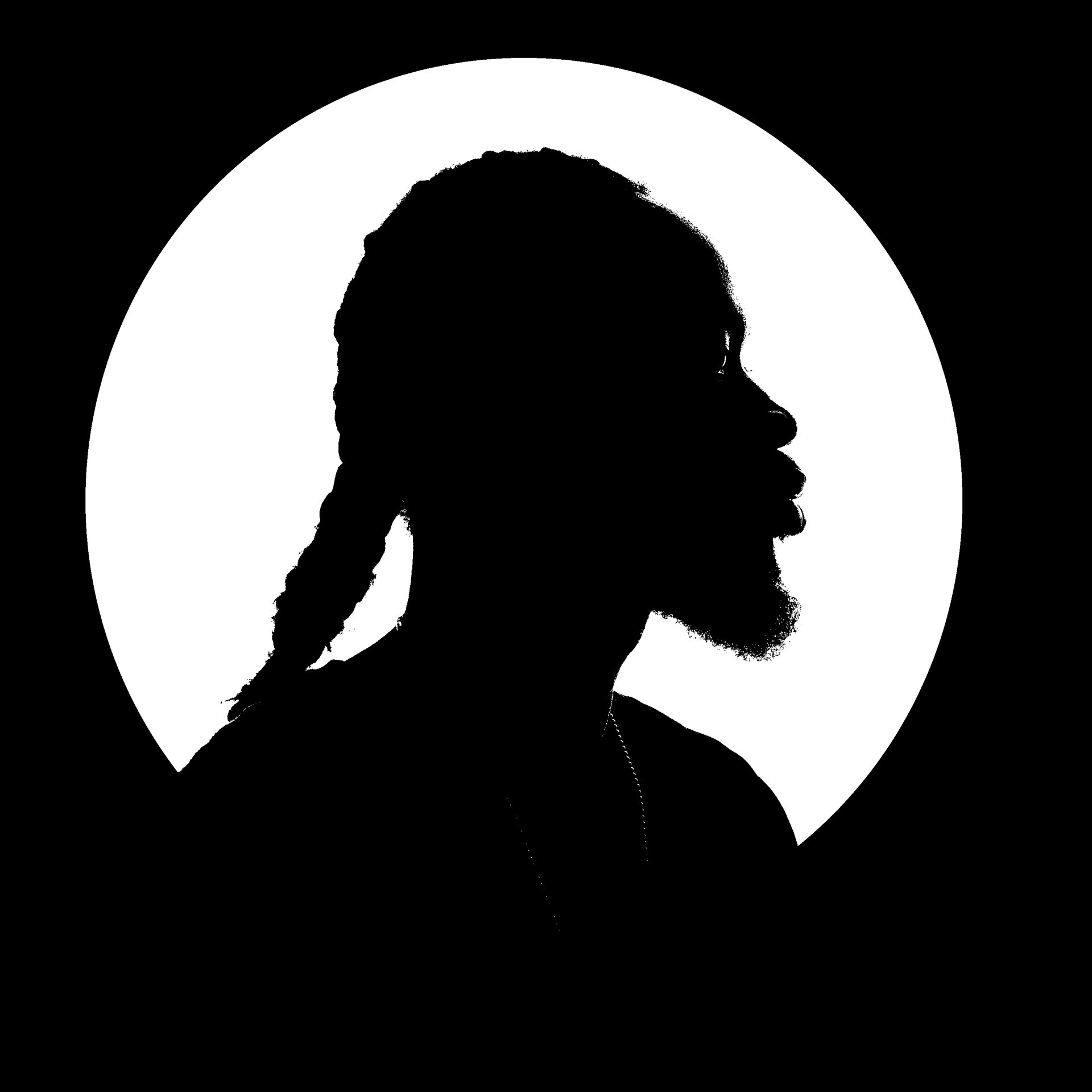 A silhouette of a man with dreadlocks and a beard in a white circle.