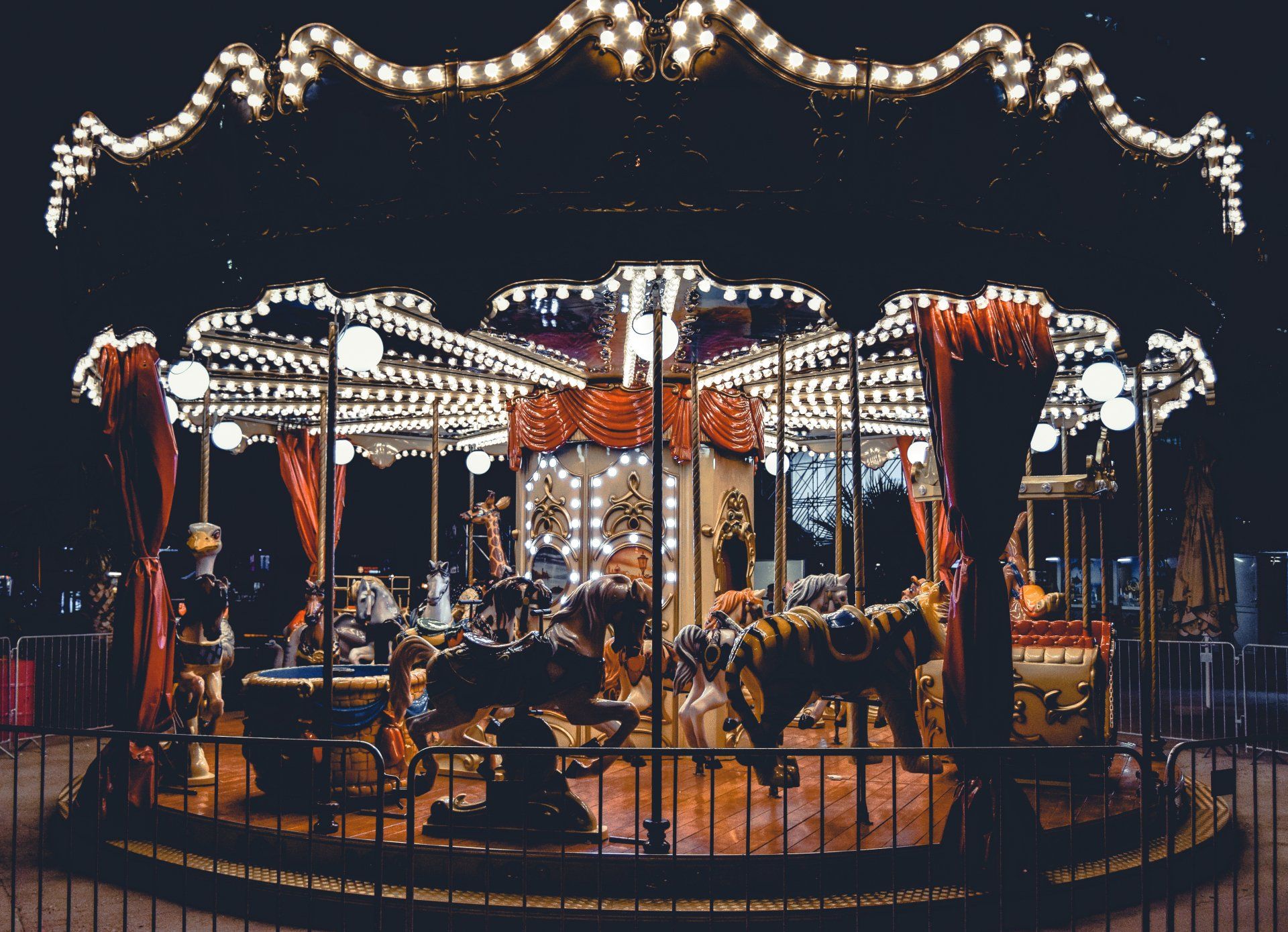 A merry go round with horses is lit up at night