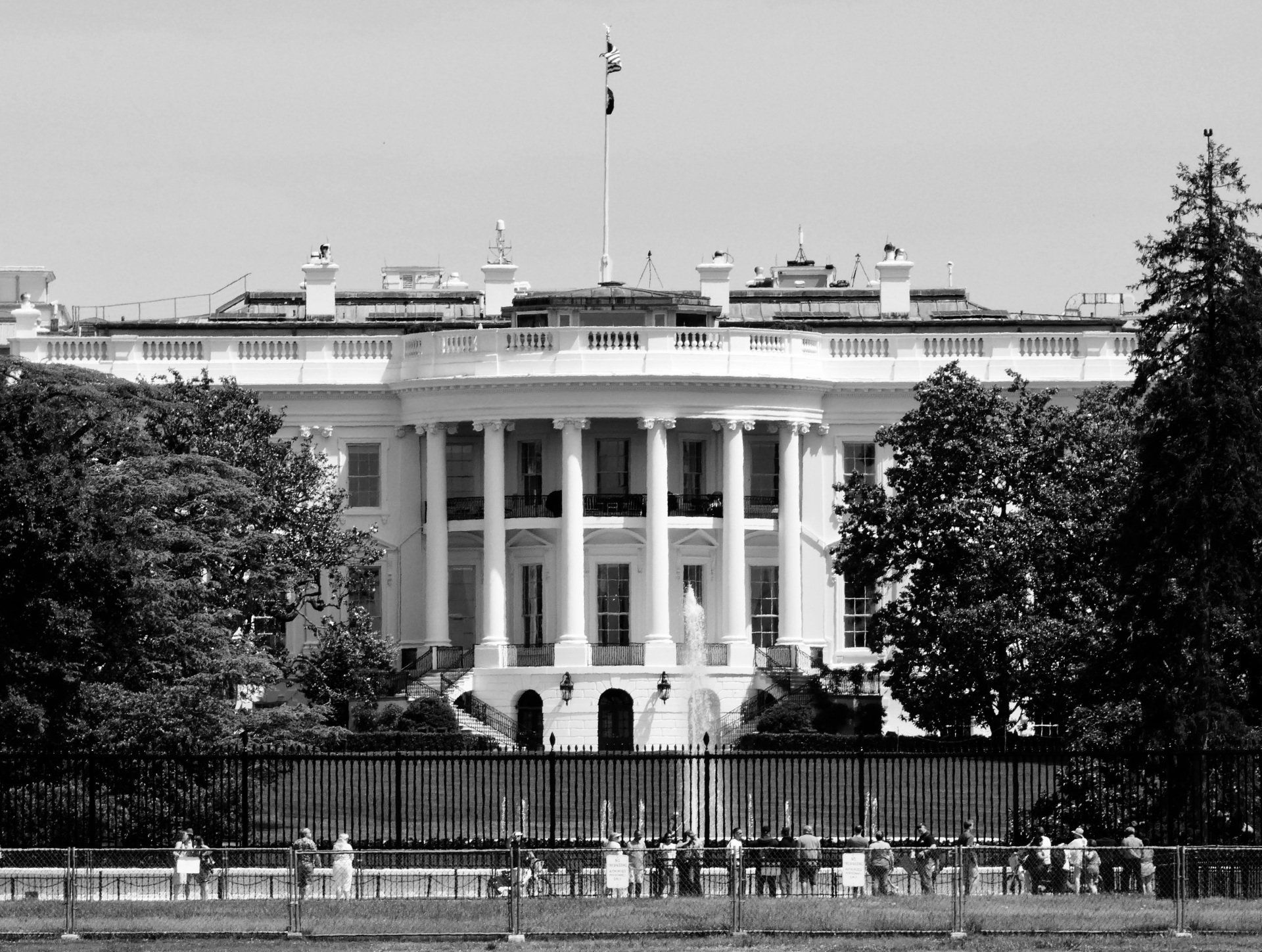 A black and white photo of the white house