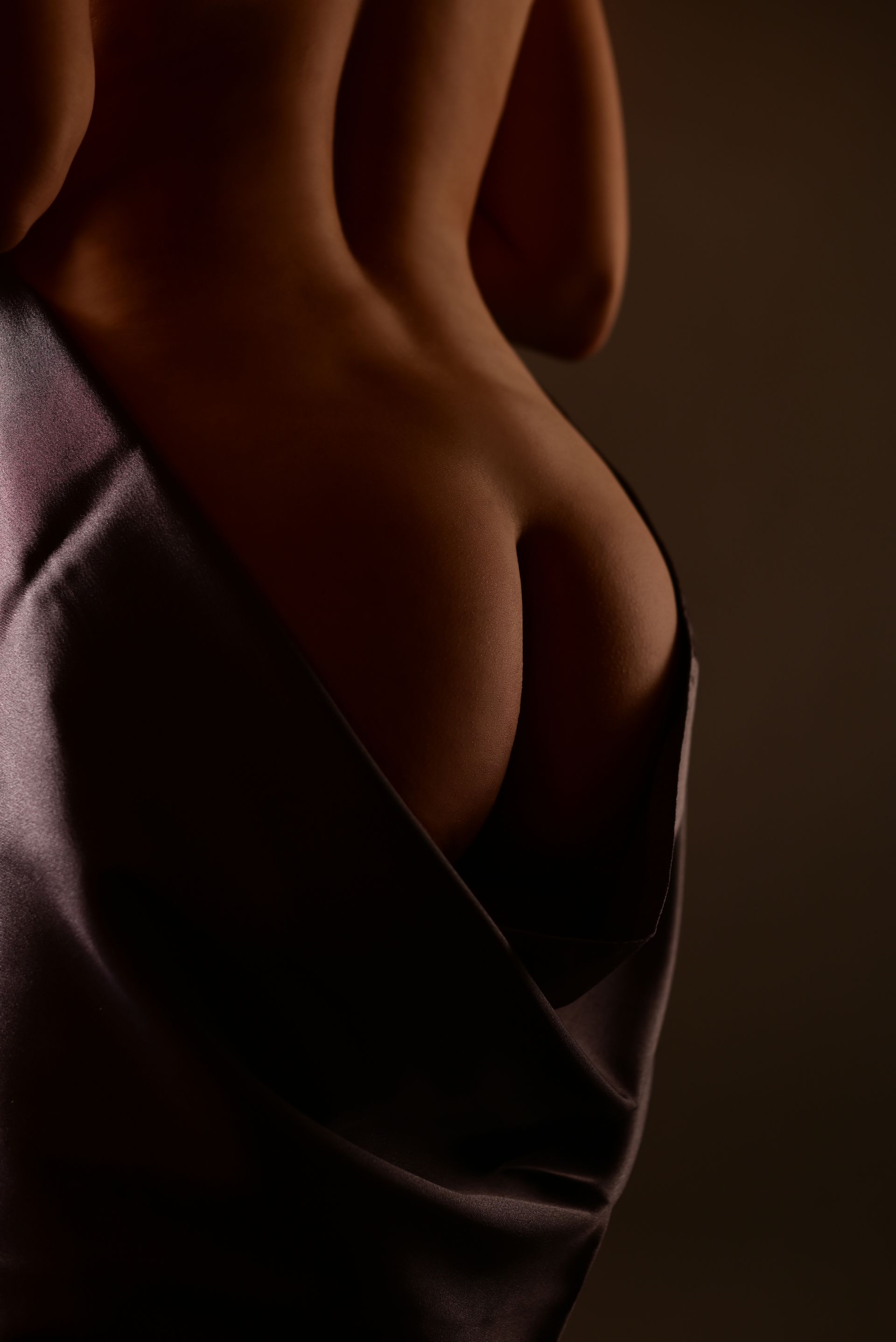Silhouette of a person from the back, draped in fabric; lit to emphasize the curvature of their body.
