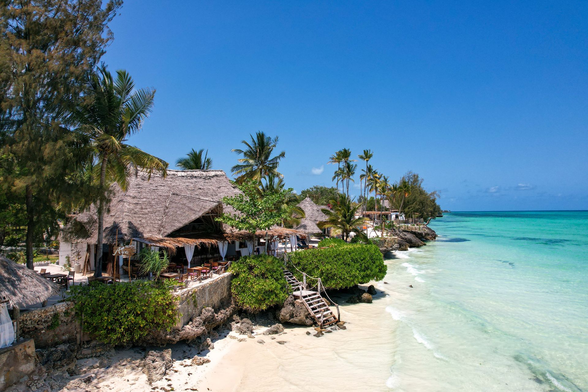 A tropical beach with a thatched hut and palm trees