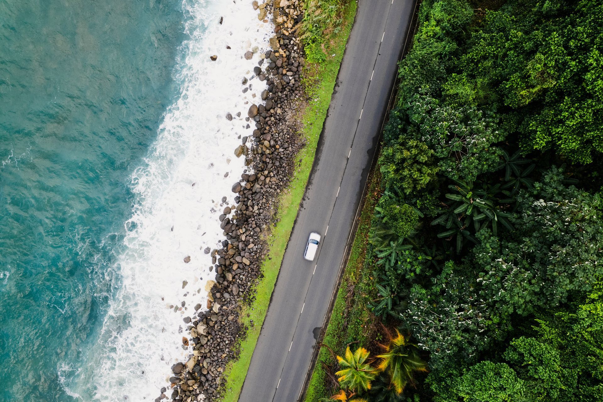 Aerial view of a winding road beside a rocky shoreline and turquoise ocean, bordered by dense green forest.