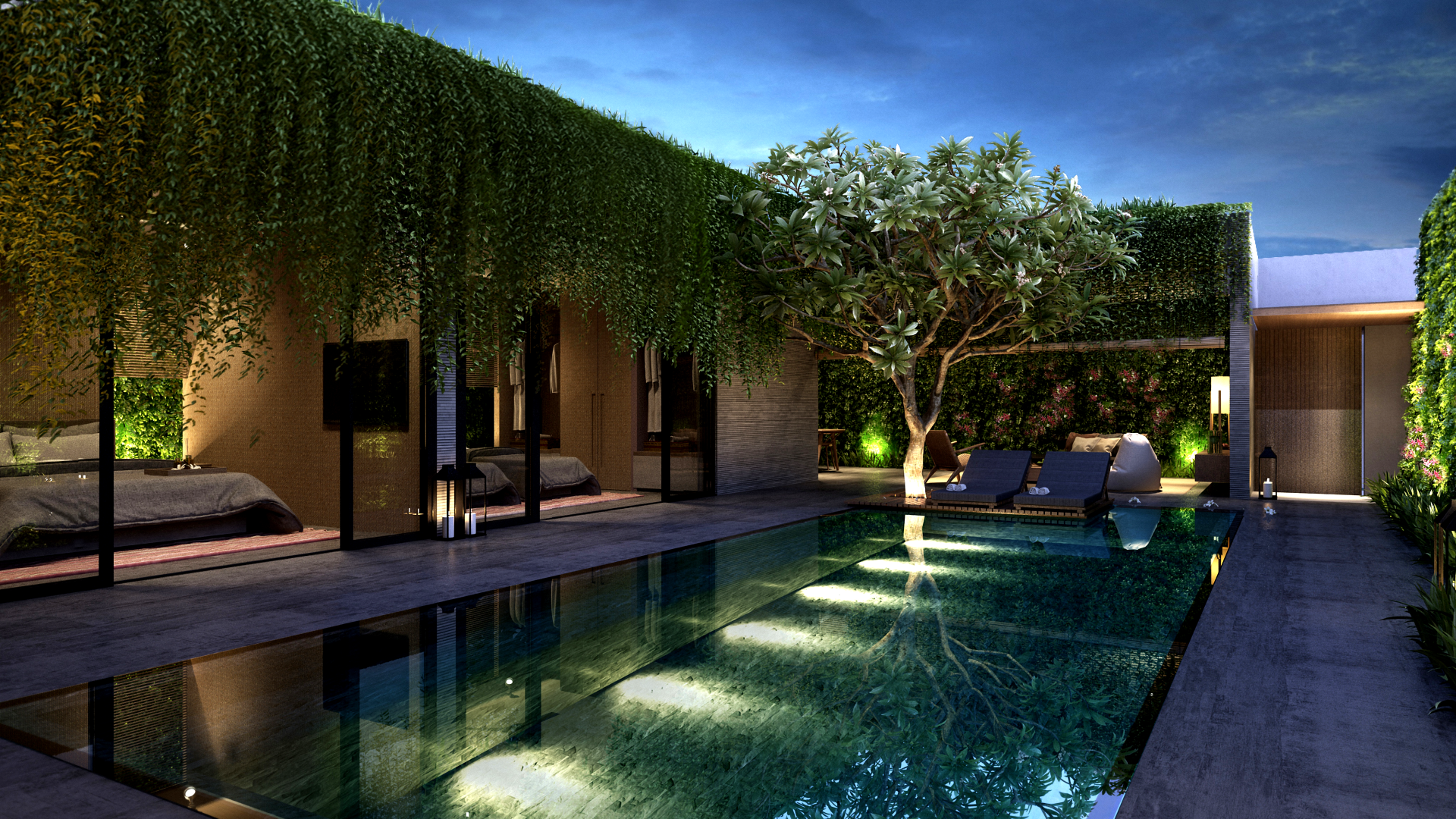 Outdoor lighting in the back garden of a house.