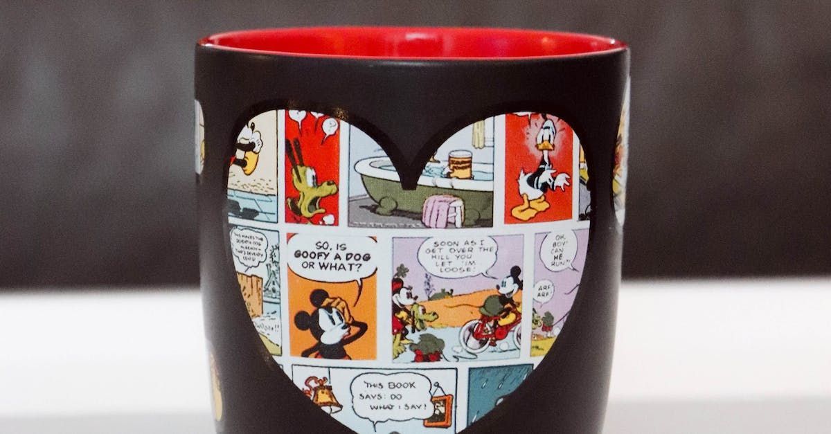 Image of a coffee mug with old Mickey Mouse images on it.