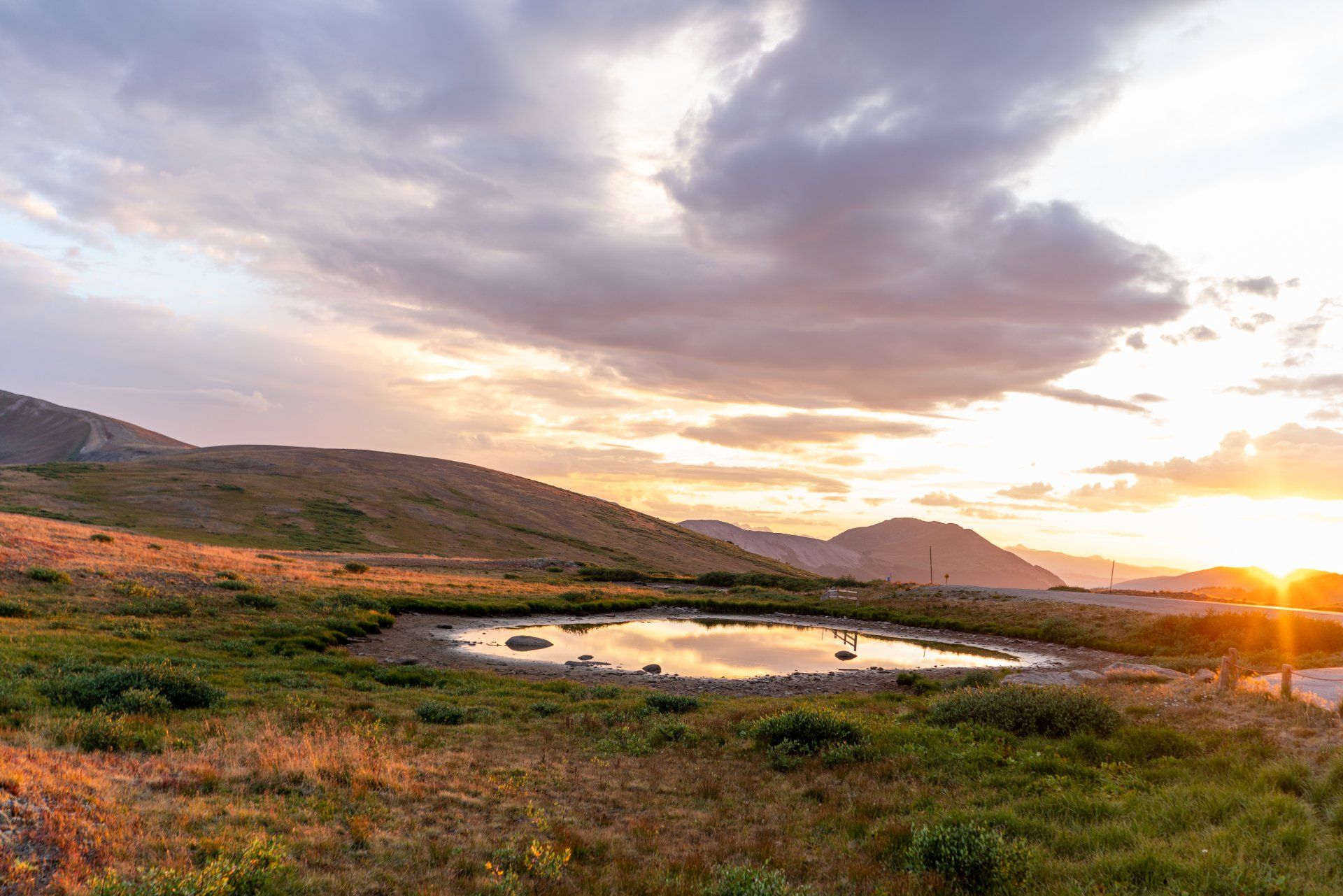 The sun is setting over a small pond in the middle of a field.