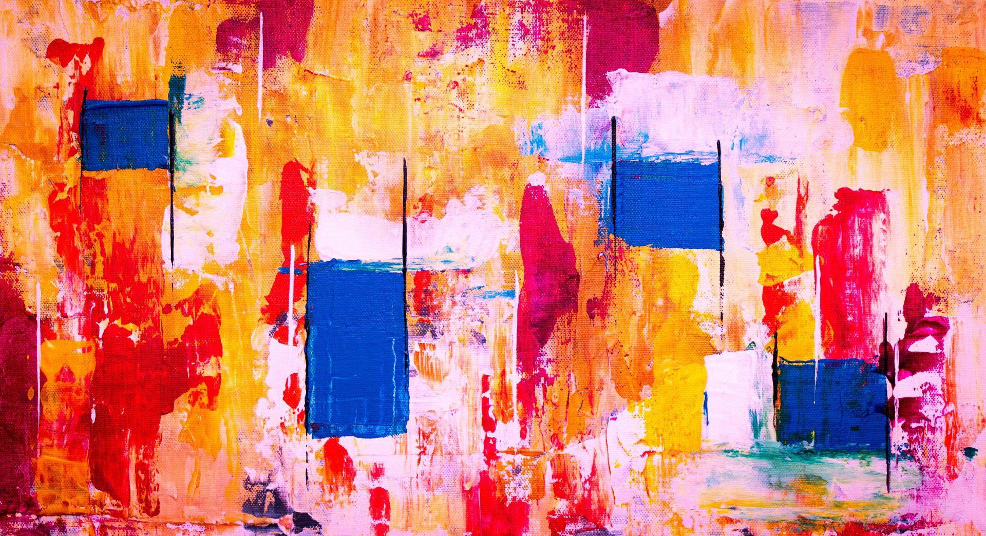 Abstracte kunst met penseelstreken in rood, geel, blauw en wit; verticale zwarte lijnen en rechthoekige blauwe vormen.