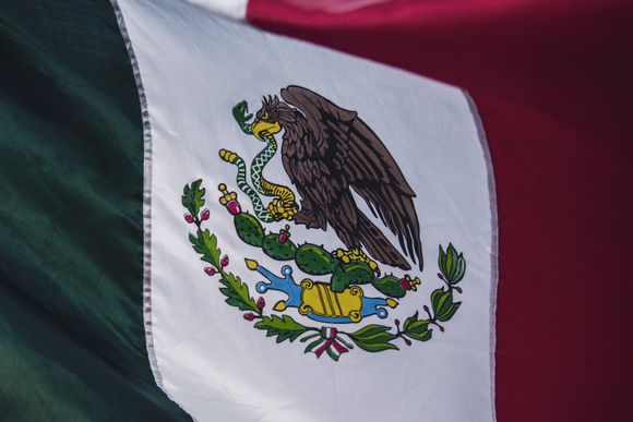 A mexican flag with an eagle and a snake on it