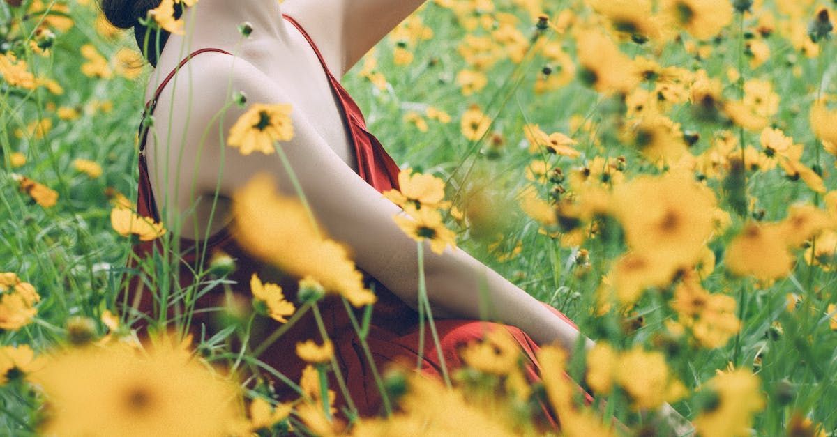 Woman in red dress seated in field of yellow flowers.