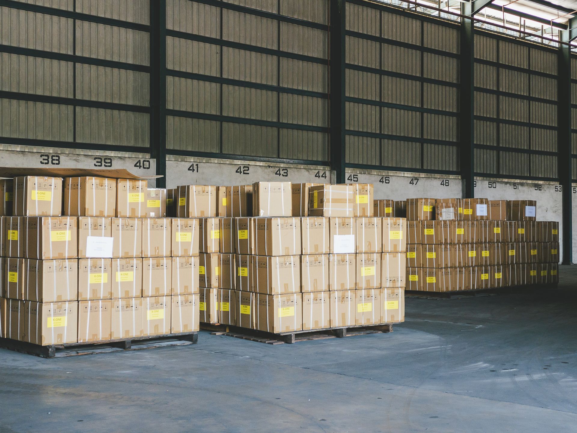 Pallets of boxes for expedited shipment via van or truck.