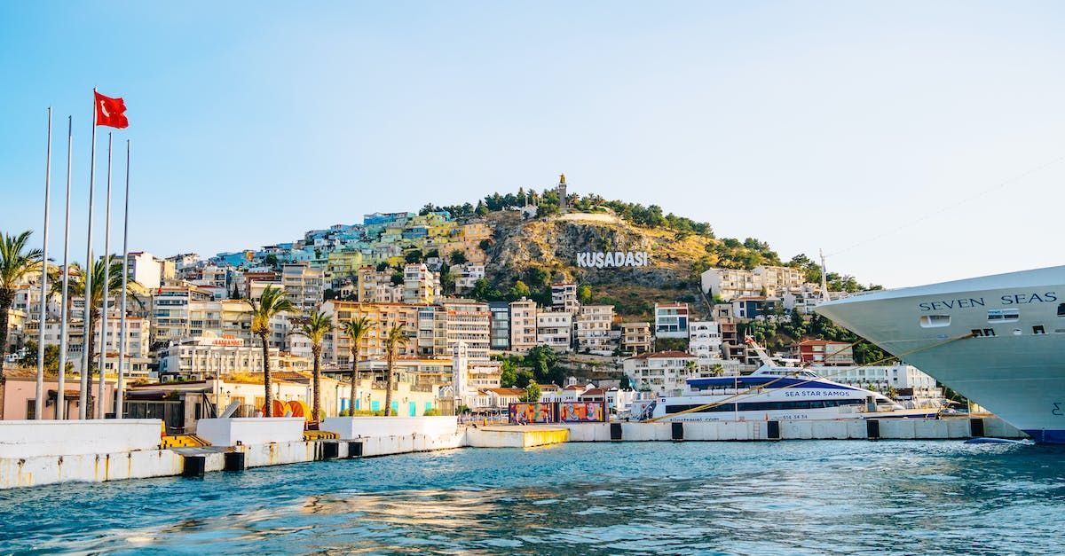 Kusadasi Sevda Hill view from the water in Turkey.