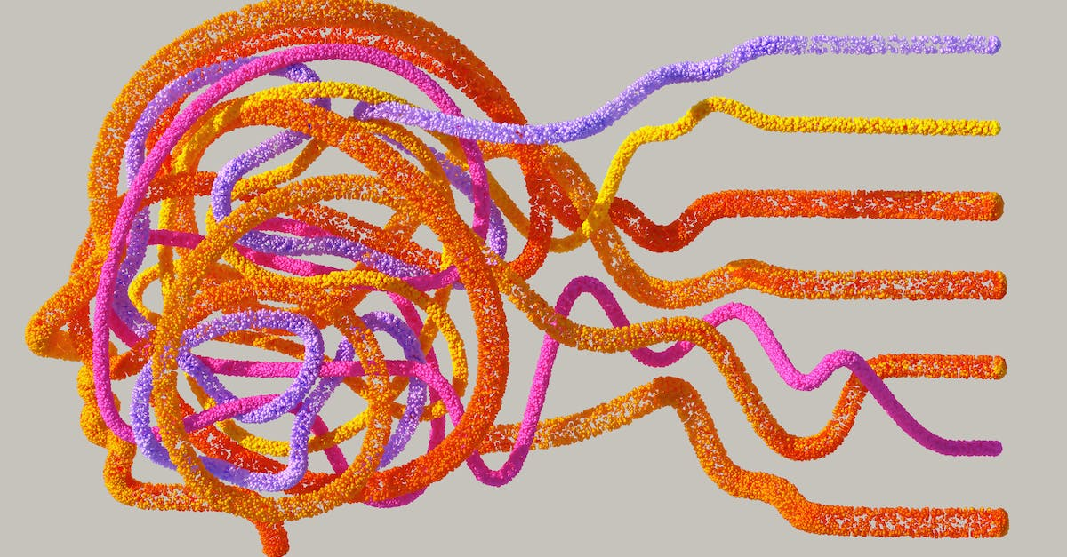 Abstract orange and purple looping lines forming a tangled knot with strands extending right on a beige background