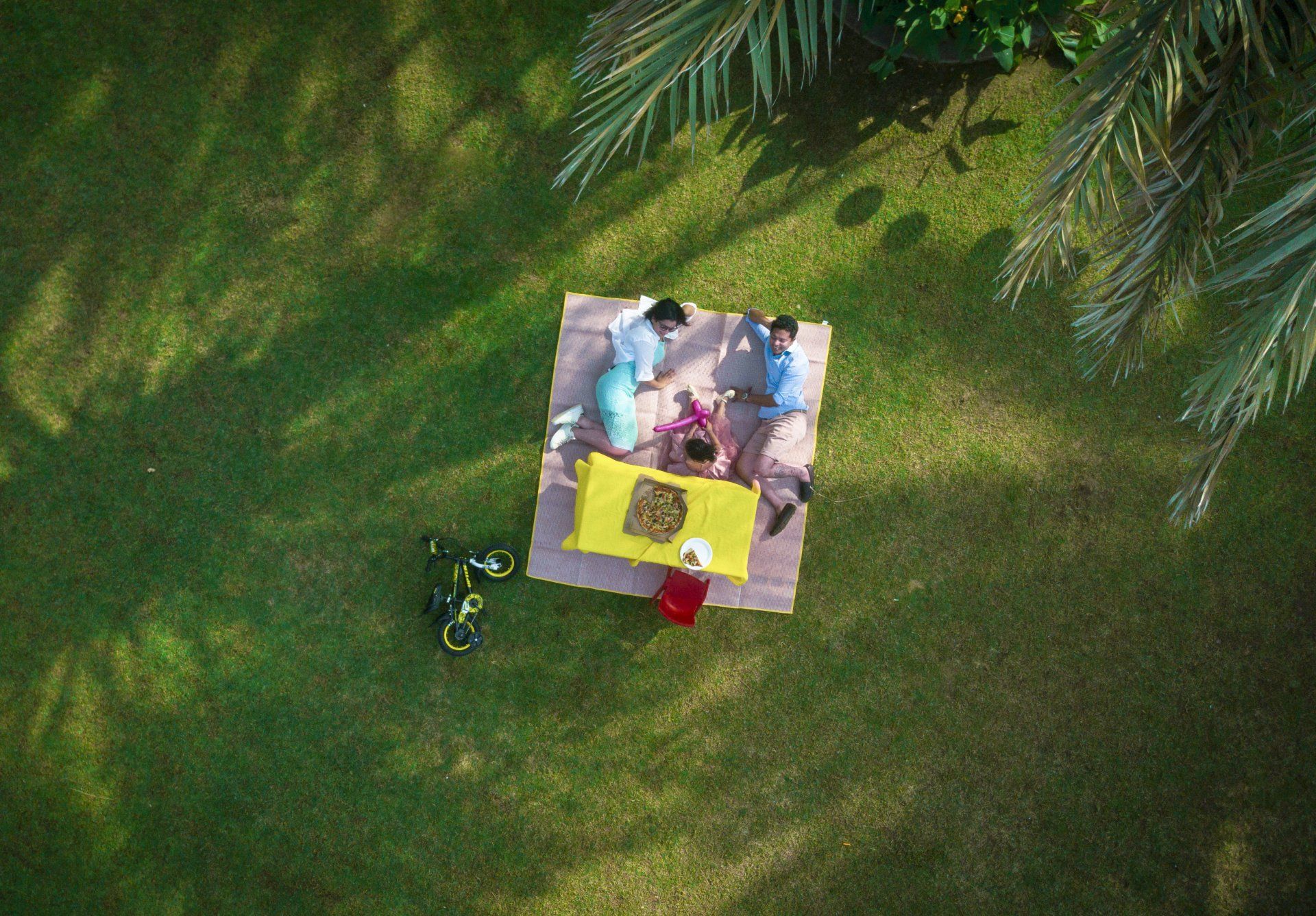 een luchtfoto van een gezin dat aan het picknicken is in het gras.