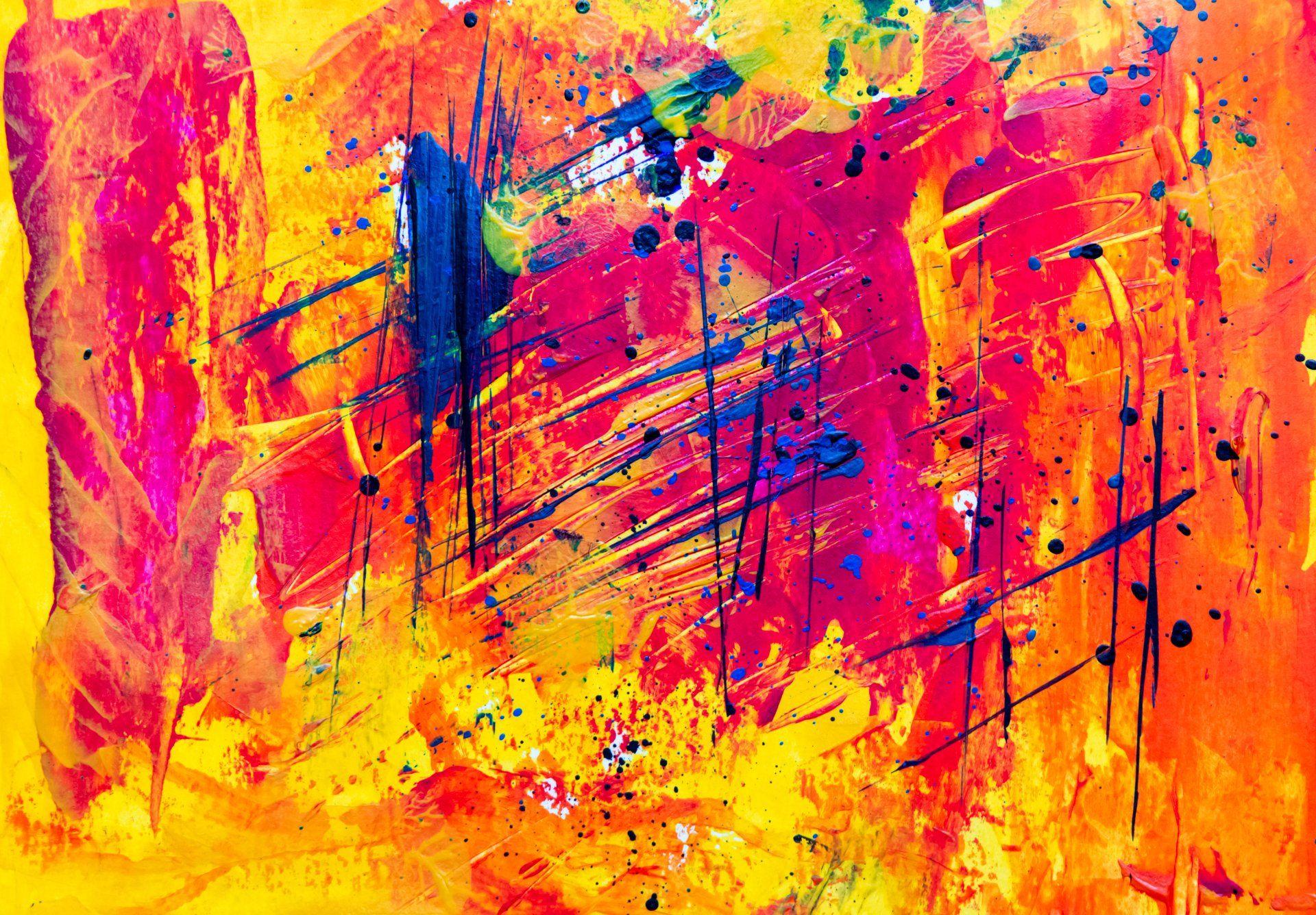 A close up of a colorful painting on a yellow background.