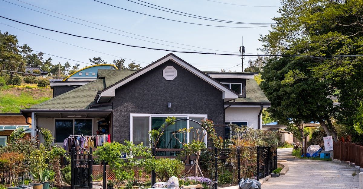 A dark-gray house with a green roof and plants in the front yard; blue sky.