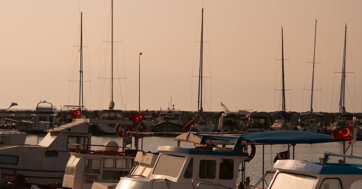 Boats and sailboat masts in a marina at sunset with warm orange light