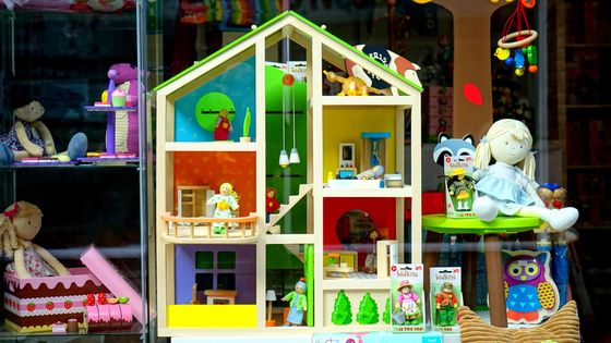 A doll house is displayed in a store window.