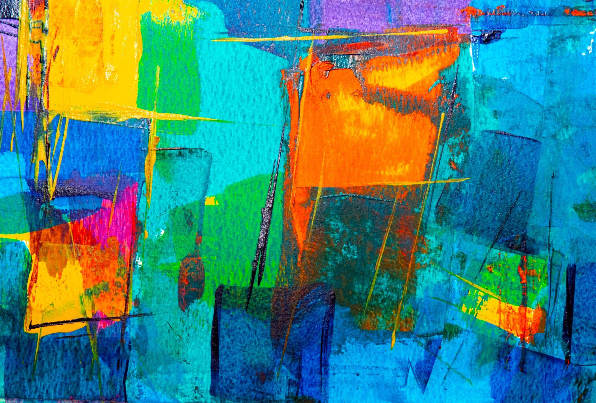 Abstract painting with bright blue, orange, yellow, and green geometric brushstrokes.