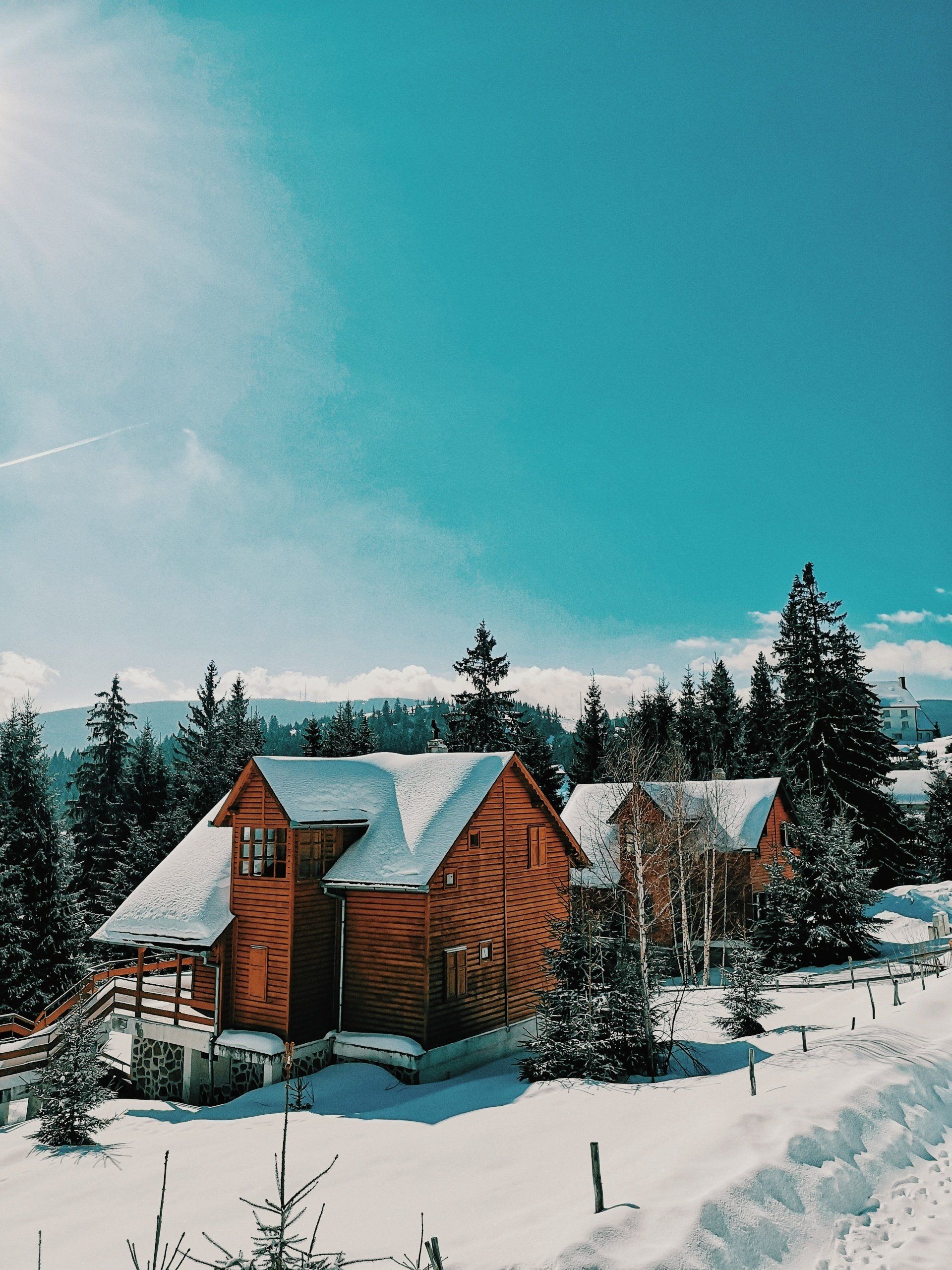 Snow-covered wooden cabins nestled among evergreen trees under a bright blue sky.