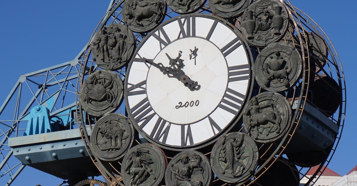 A large clock with roman numerals and coins around it
